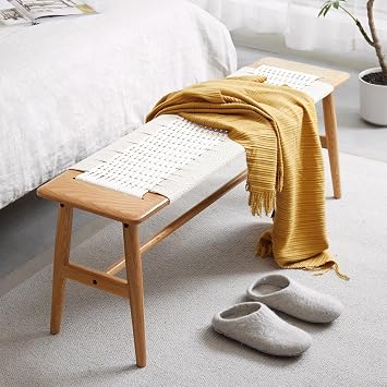 Natural Oak Wood Dining Bench, Hand Woven Bench Surface Design, for Entryway, Bedroom, Living Room, Kitchen Room, Bathroom White