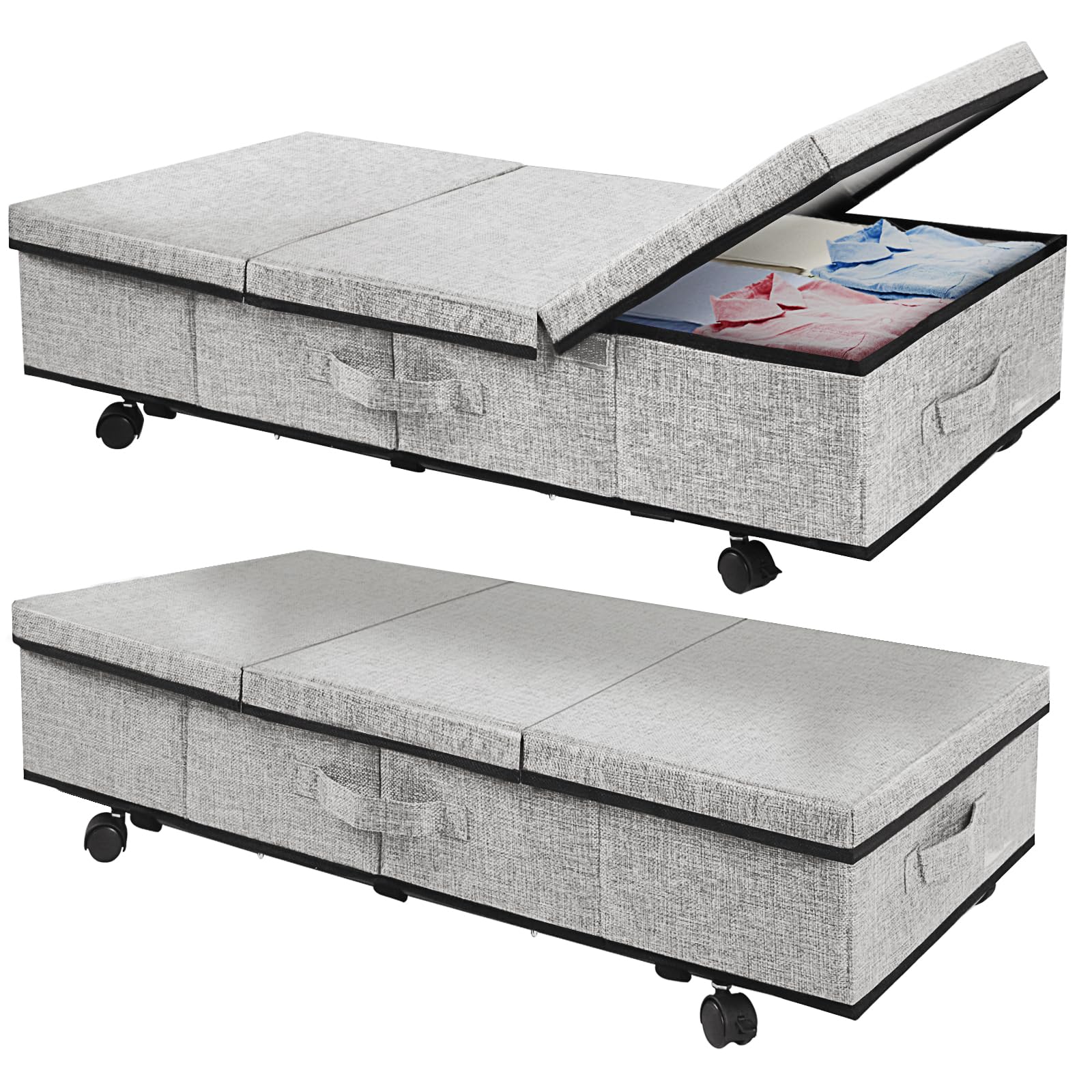Domigard 2 Piezas Cajas Almacenaje Ropa, Caja Bajo Cama con Ruedas Giratorias de 360°, Almacenaje Ropa Plegable con Tapa, Puede Almacenar Juguetes, Mantas, Edredones, Ropa, Zapatos