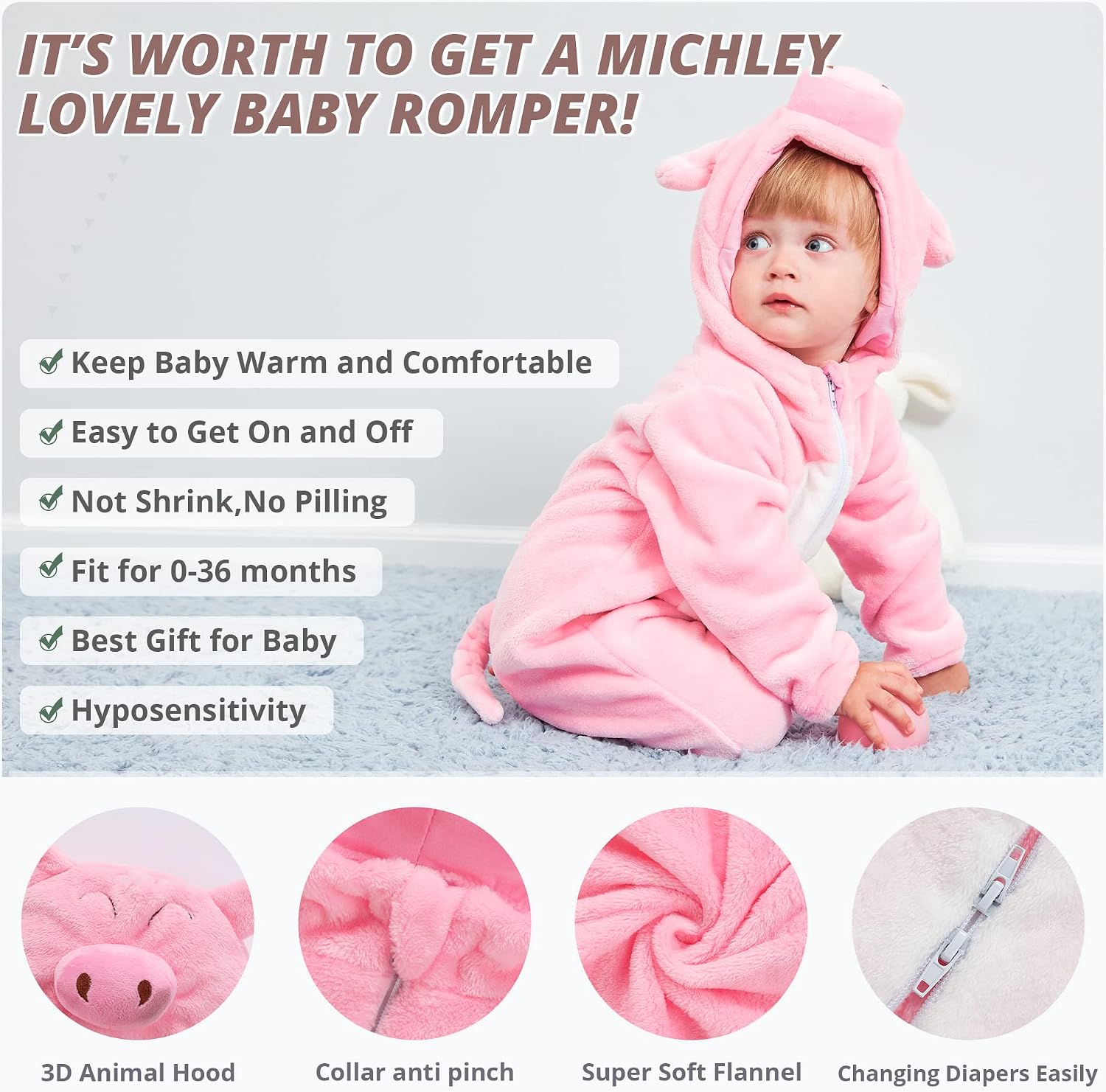 MICHLEY Unisex Baby Animal Costume Flannel Hooded Romper Cosplay Jumpsuit | Halloween, Winter Autumn Onesie, 0-5T, Machine Wash