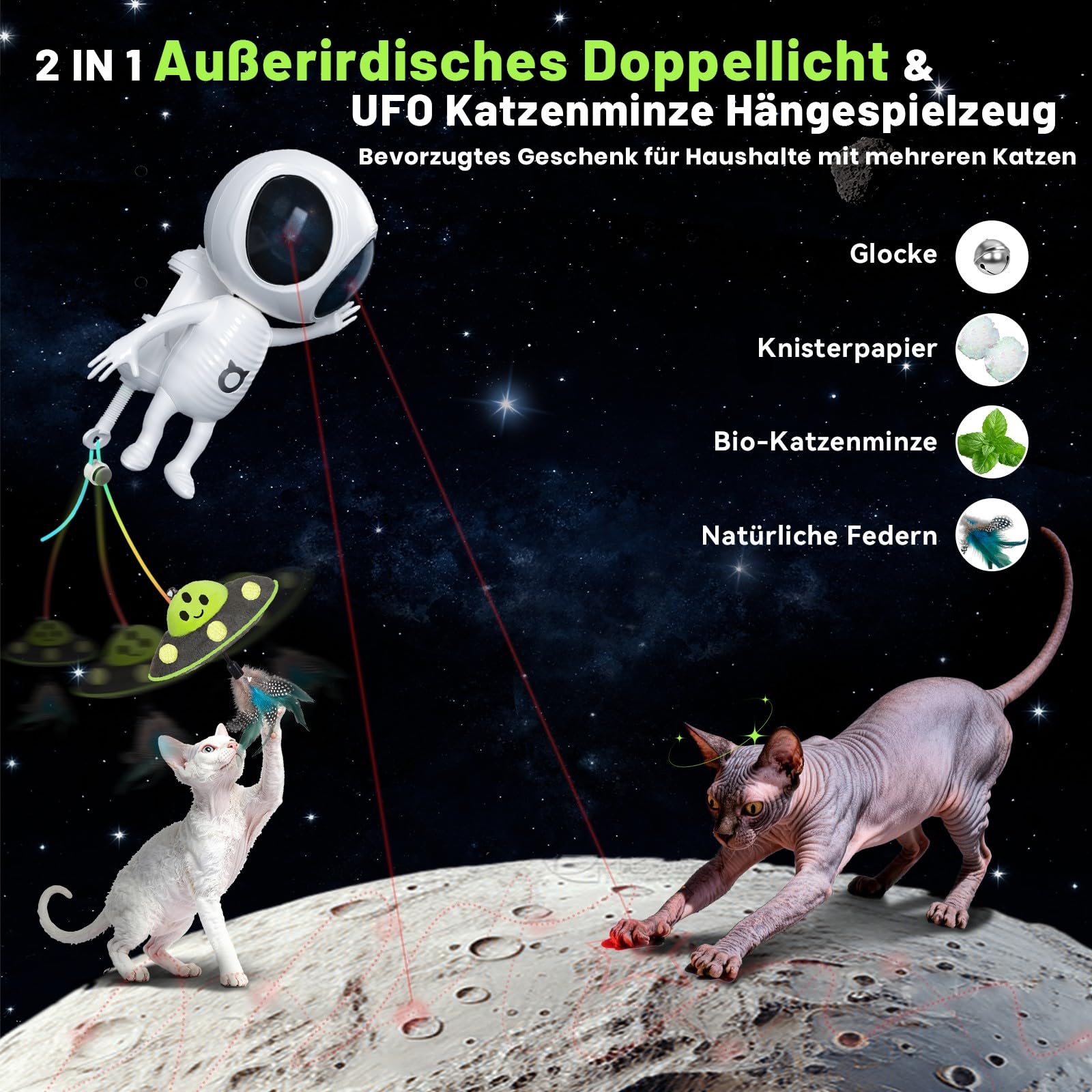 GoldenSun Interaktives Katzenspielzeug, 2-in-1 Automatisch mit Dual-Projektion & Katzenminze-UFO-Anhänger für Wohnungskatzen, Bewegungsaktiviert, Wiederaufladbar, 4 Spielmodi, Klemmbefestigung, Weiß