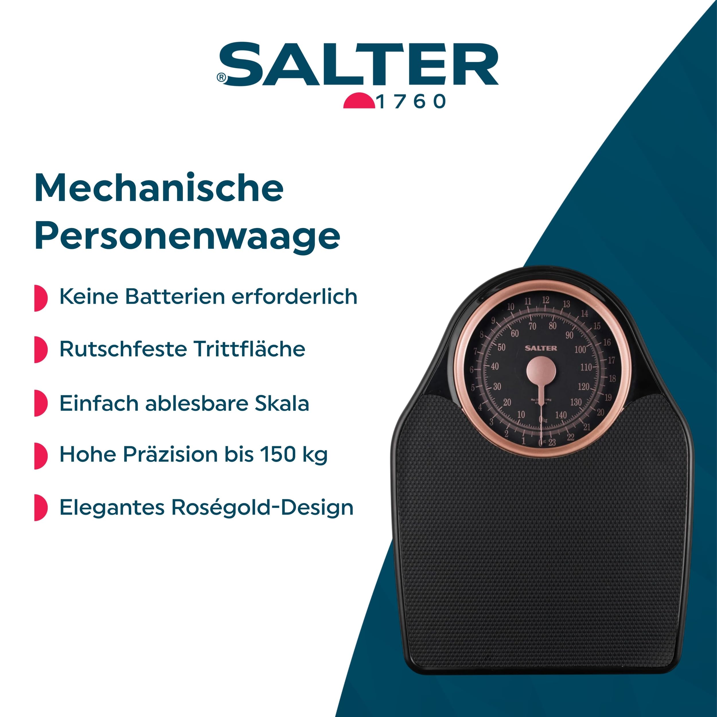 Salter Mechanische Personenwaage – Analoge Badezimmerwaage bis 150 kg, rutschfest, batterielos, leicht ablesbare Anzeige, präzises Wiegen, Rotgold