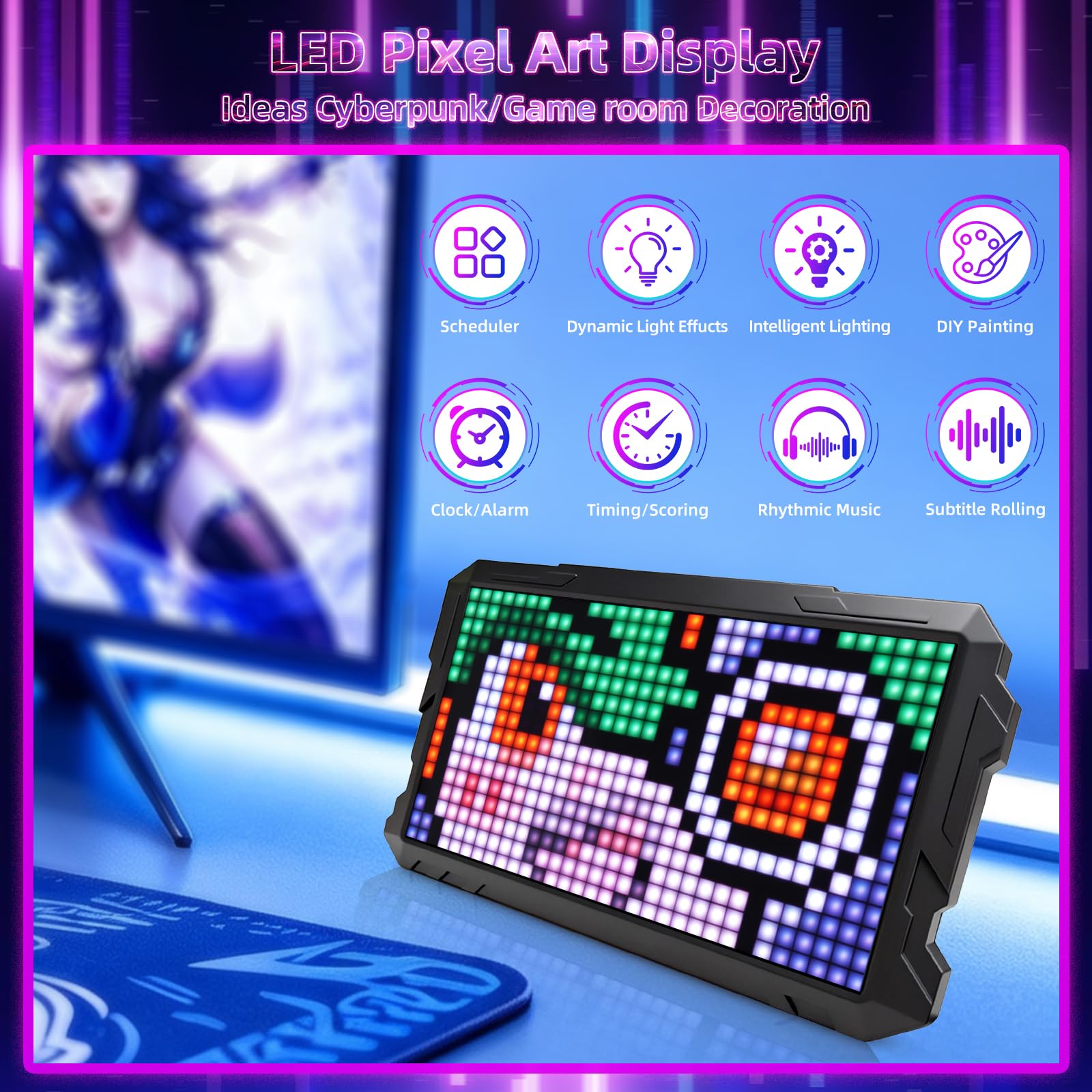 Pixel Art Display 16 x 32 RGB, pantalla de reloj despertador inteligente, marco de señal LED de píxeles de animación, panel digital programable, control de aplicación Bluetooth, regalo de Navidad para