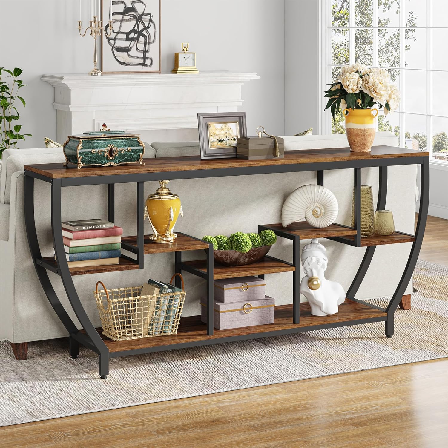 Tribesigns 70 9 Inch Long Sofa Table with Shelves Rustic Console Table with Storage Industrial Entryway Table TV