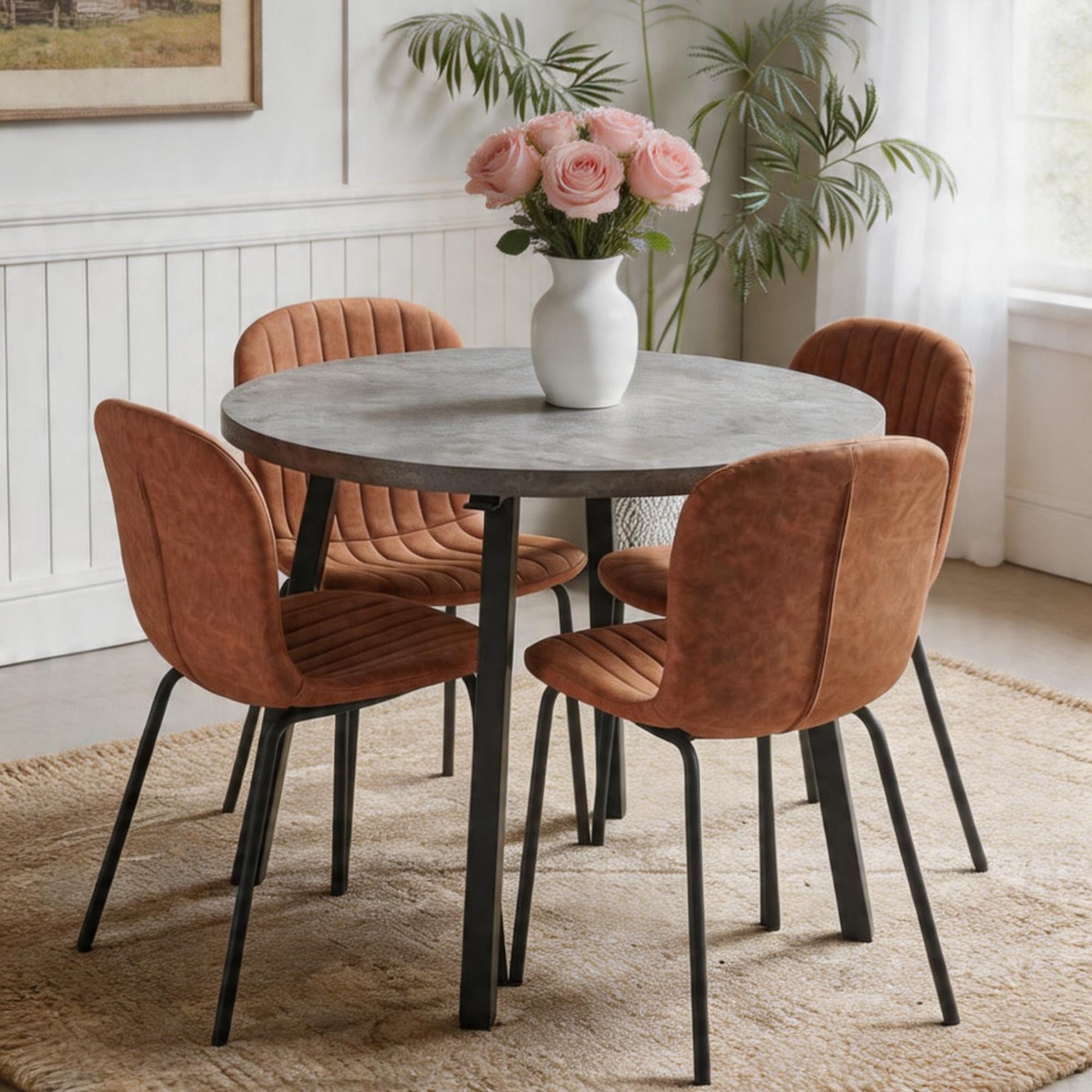 5-Pieces 37.4" Round Dining Table Set for 4,Mid Century Modern Small Coffee Table, Engineered Wood Table and Chairs Set of 4 for Kitchen, Dining Room, Office(1 Table+4 Brown PU Leather Chairs)