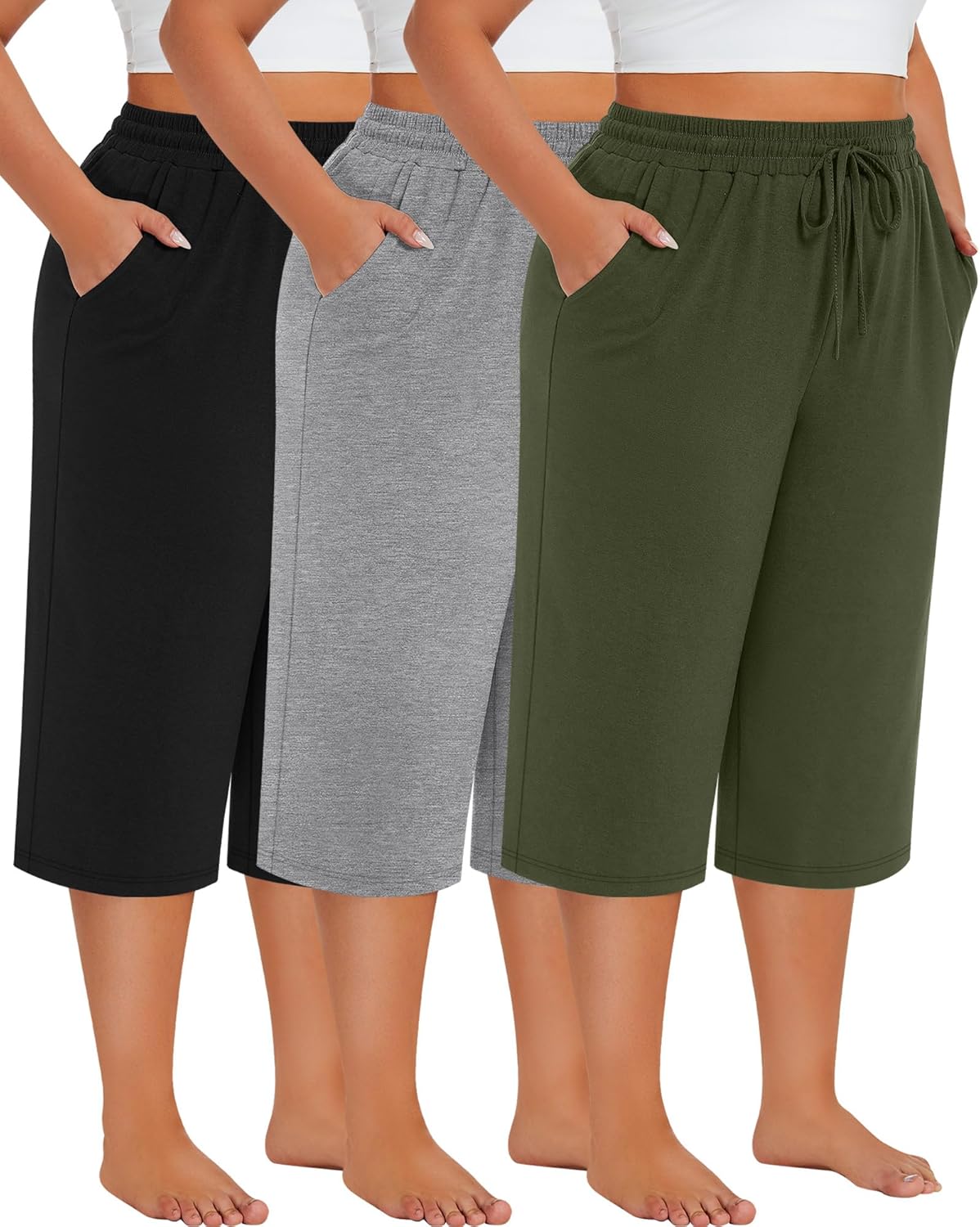 Neer 3 Pack Women's Plus Size Cotton Capris, Stretchy Wide Leg Cropped Pants with Pockets Loose Lounge Pajama Sweatpants