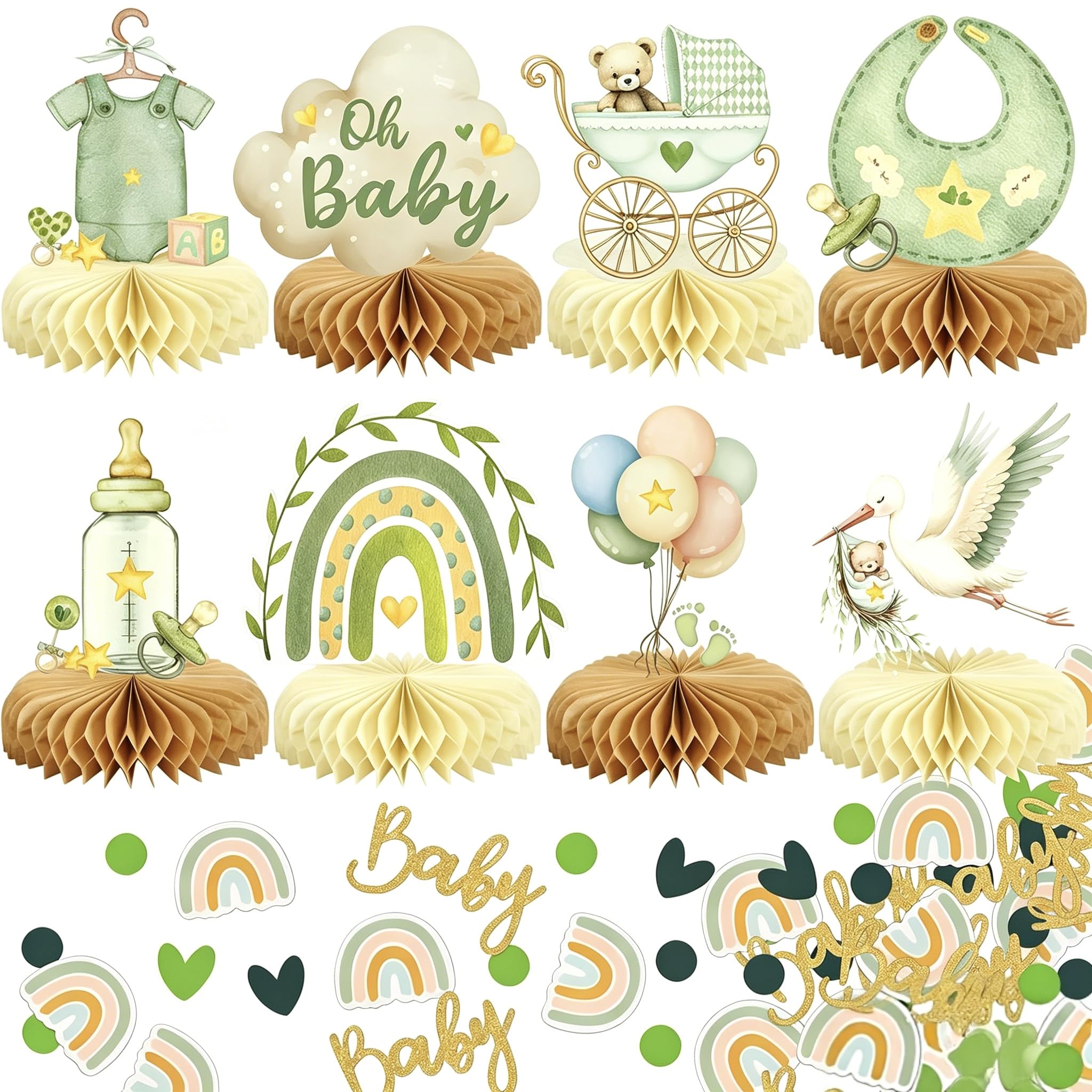8pcs Baby Shower Table Decorations Neutral, Teddy Bear Theme, Bear Honeycomb Centerpieces, Gender Reveal Party Supplies, Baby Shower Individual Table Toppers for Boys and Girls