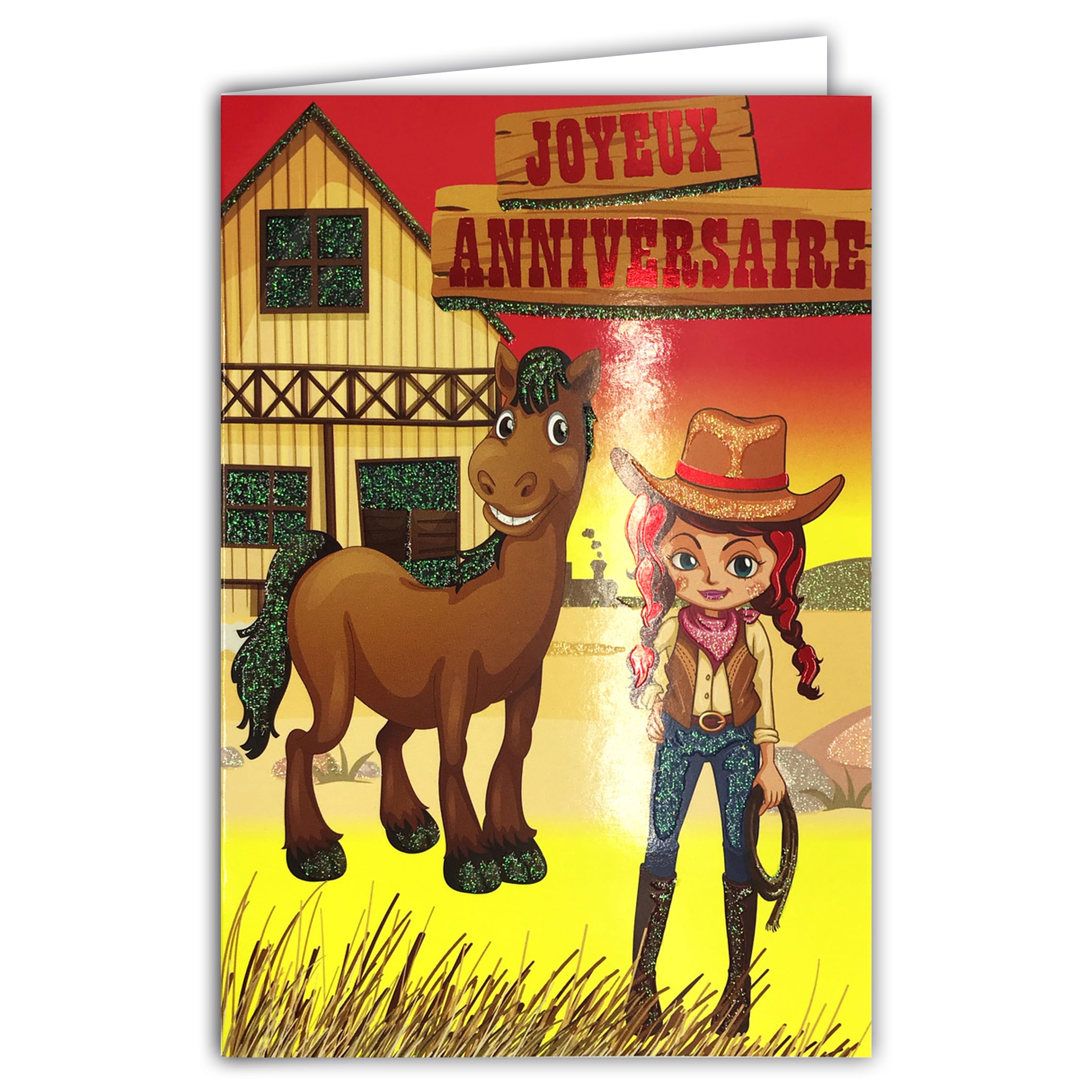 AFIE Glitter Card Happy Birthday Girl Cowgirl Horse Envelope Yellow 12 x 17.5 cm Costume Costume Hat Cowboy Boots Santiags Scarf Country Ranch Saloon Western Far West 67-1089-A