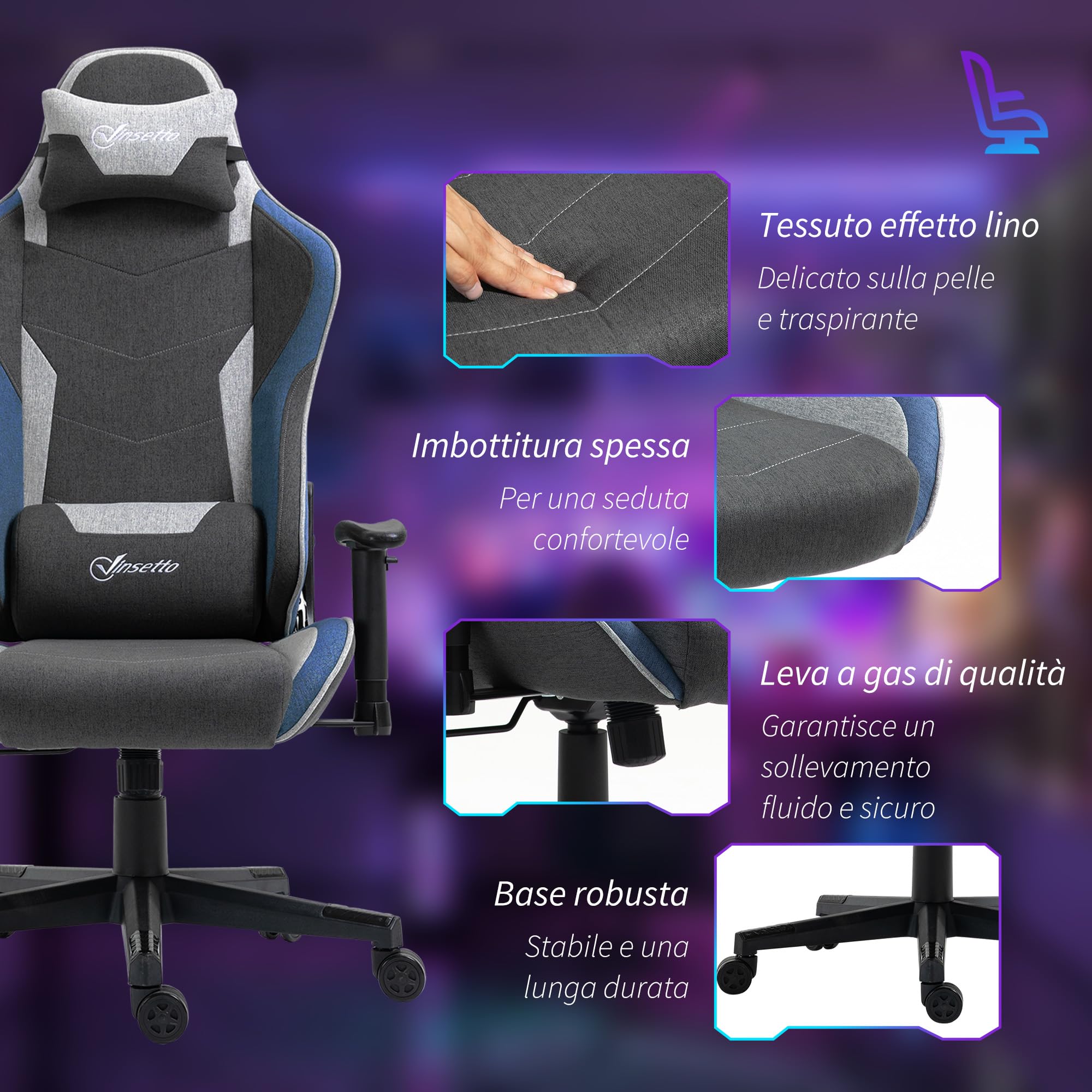 Vinsetto Sedia da Gaming Ergonomica, Poggiatesta e Altezza Regolabile, Blu | Braccioli, Poltrona Gaming Ufficio Reclinabile, Tessuto Effetto Lino, Funzione Dondolo, Supporto Lombare