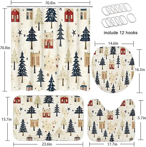 Miniatura 6 de ArtSocket Juego de baño rústico de Navidad con cortina de ducha y alfombras y accesorios, juego de cortinas de ducha desgastadas estilo casa de