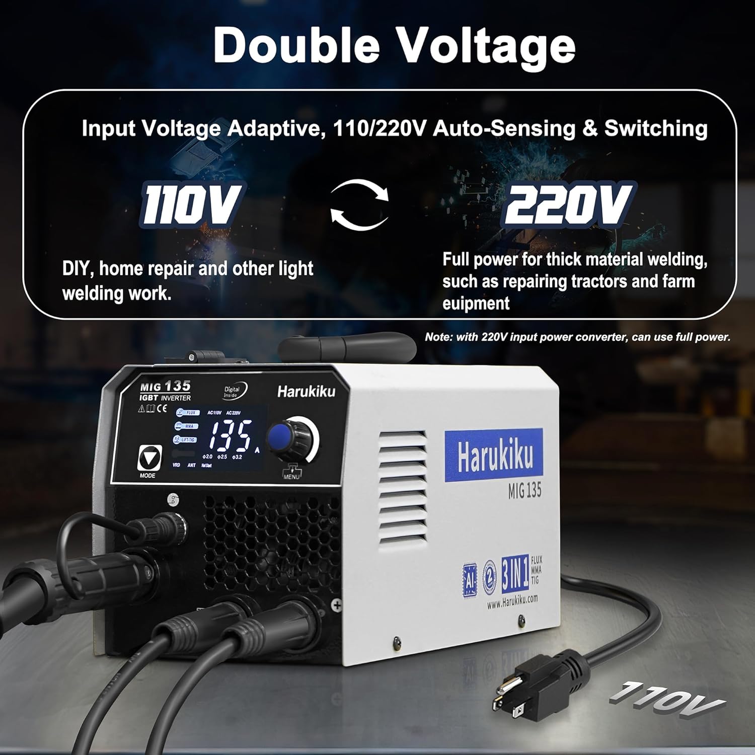 Harukiku MIG-135 Welder connected to a 110V power source, with graphics showing automatic switching between 110V and 220V input voltage.