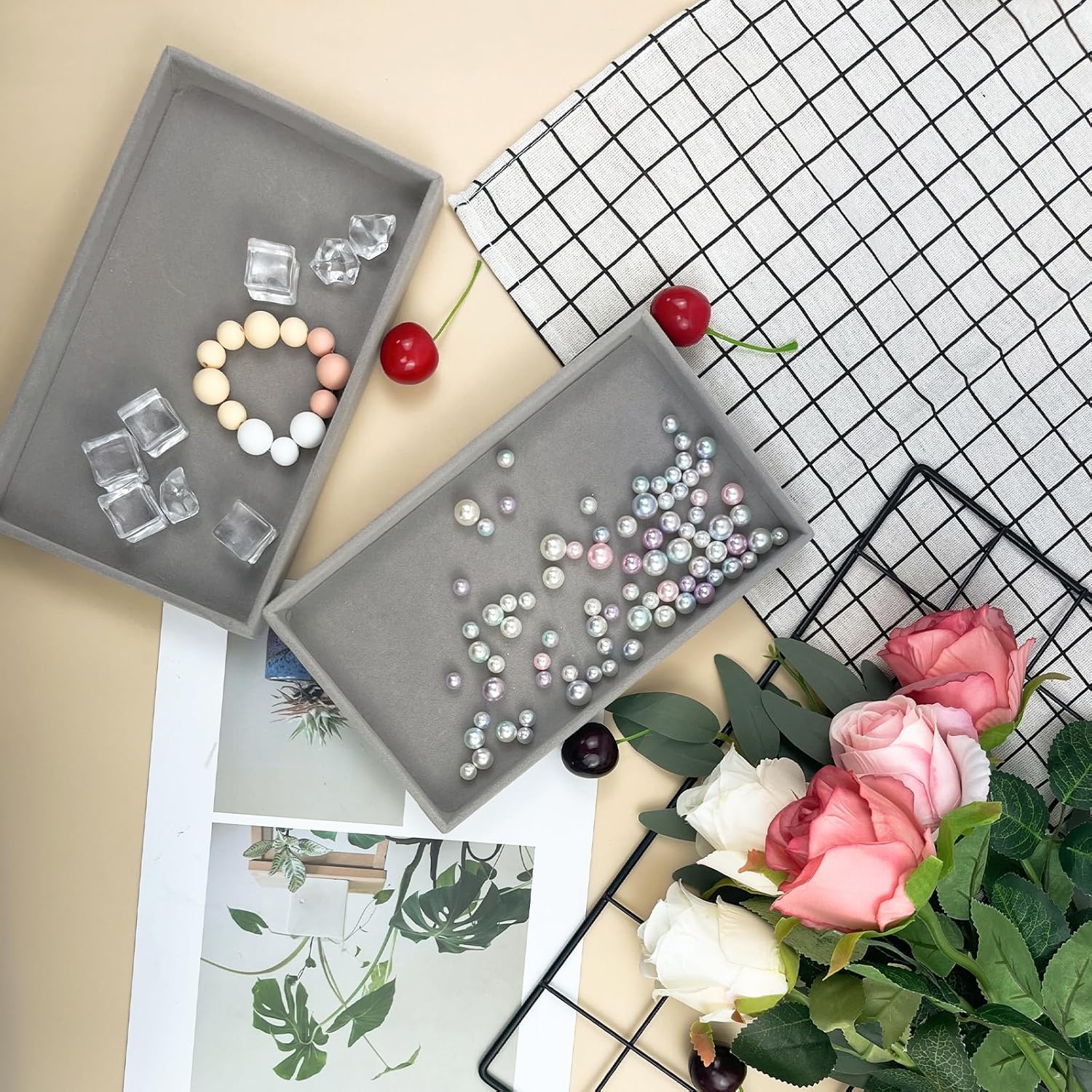 YEXEXINM 12pcs Small Velvet Jewelry Trays, 8.3 x 5 x 1 Inches Premium Stackable Jewelry Drawers Organizer Trays, Jewelry Storage Display Trays for Necklace Earring Ring Bracelet, Grey (1 grid)