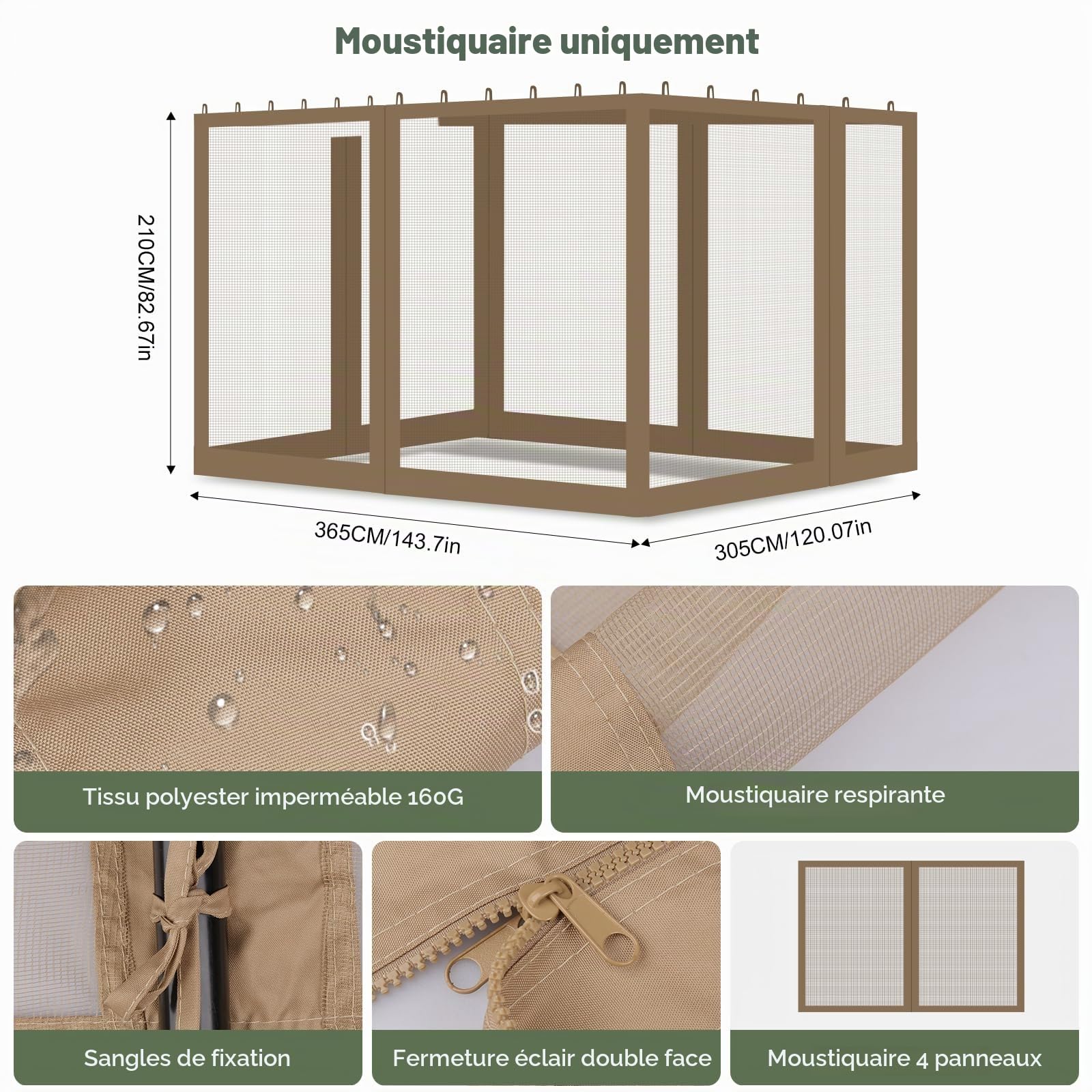 Moskitonetz für Pavillon 3x3m mit Reißverschluss – Wasserdichte 4 Seitenwände für 10x10FT für Garten, Terrasse, Camping, Kaki