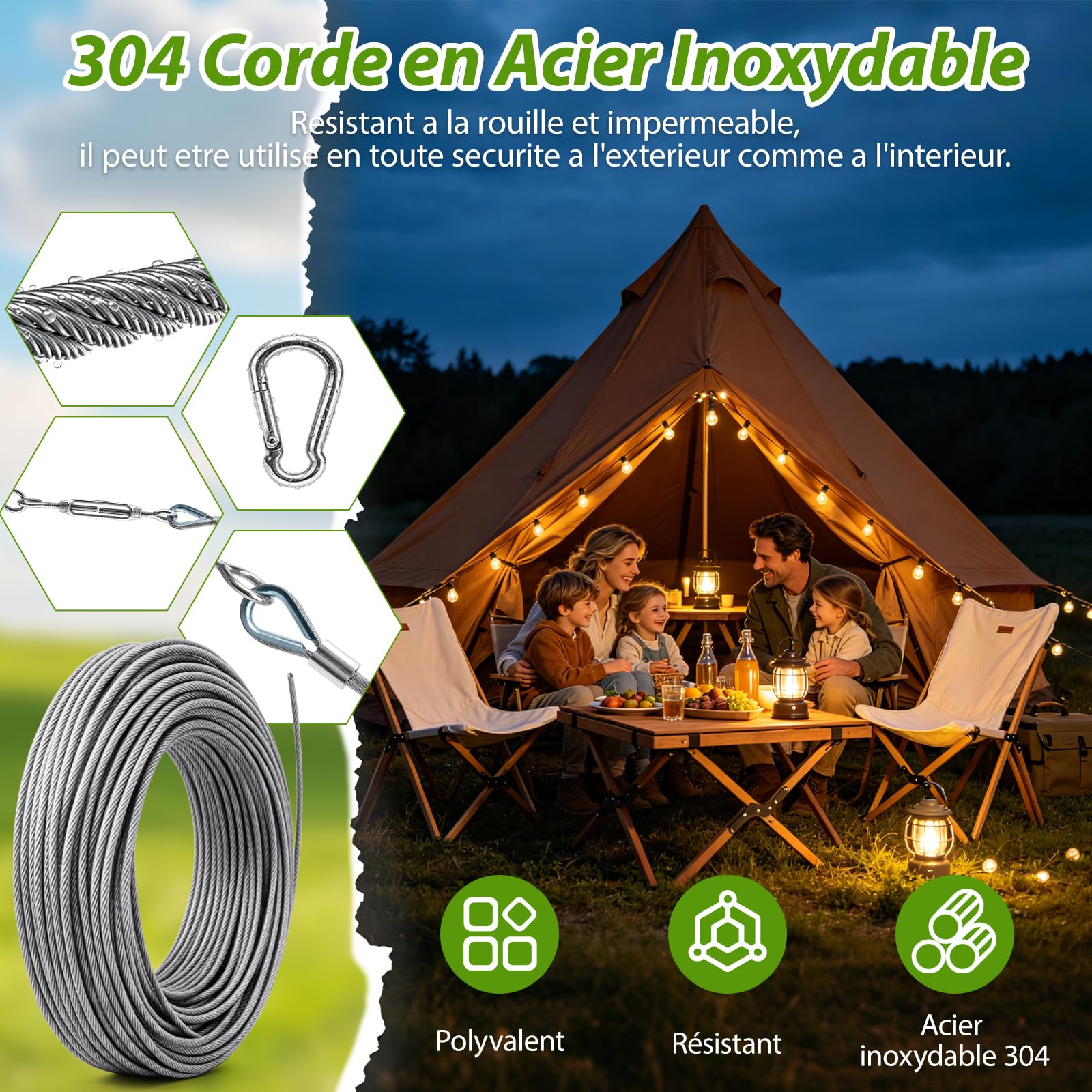 ovsor Kit Câble Acier Inoxydable 2 mm x 35 m 65 Pièces | Câble inox 304 résistant avec tendeur, idéal pour plantes grimpantes, corde à linge, tentes et suspensions de luminaires.
