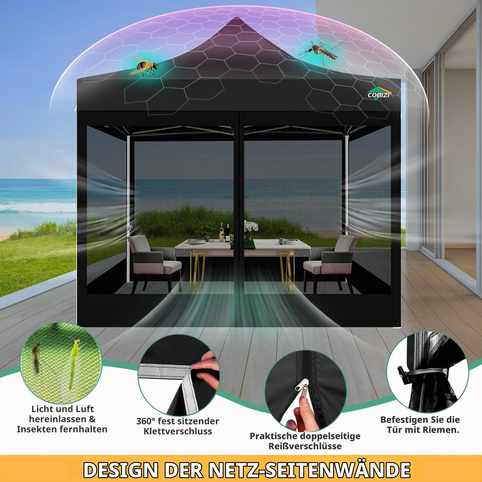 COBIZI Pavillon 3x3 Faltpavillon 3x3 Wasserdicht Stabil, Partyzelt Gartenpavillon UV-Schutz mit 4 Seitenwänden aus Mesh,Schwarz