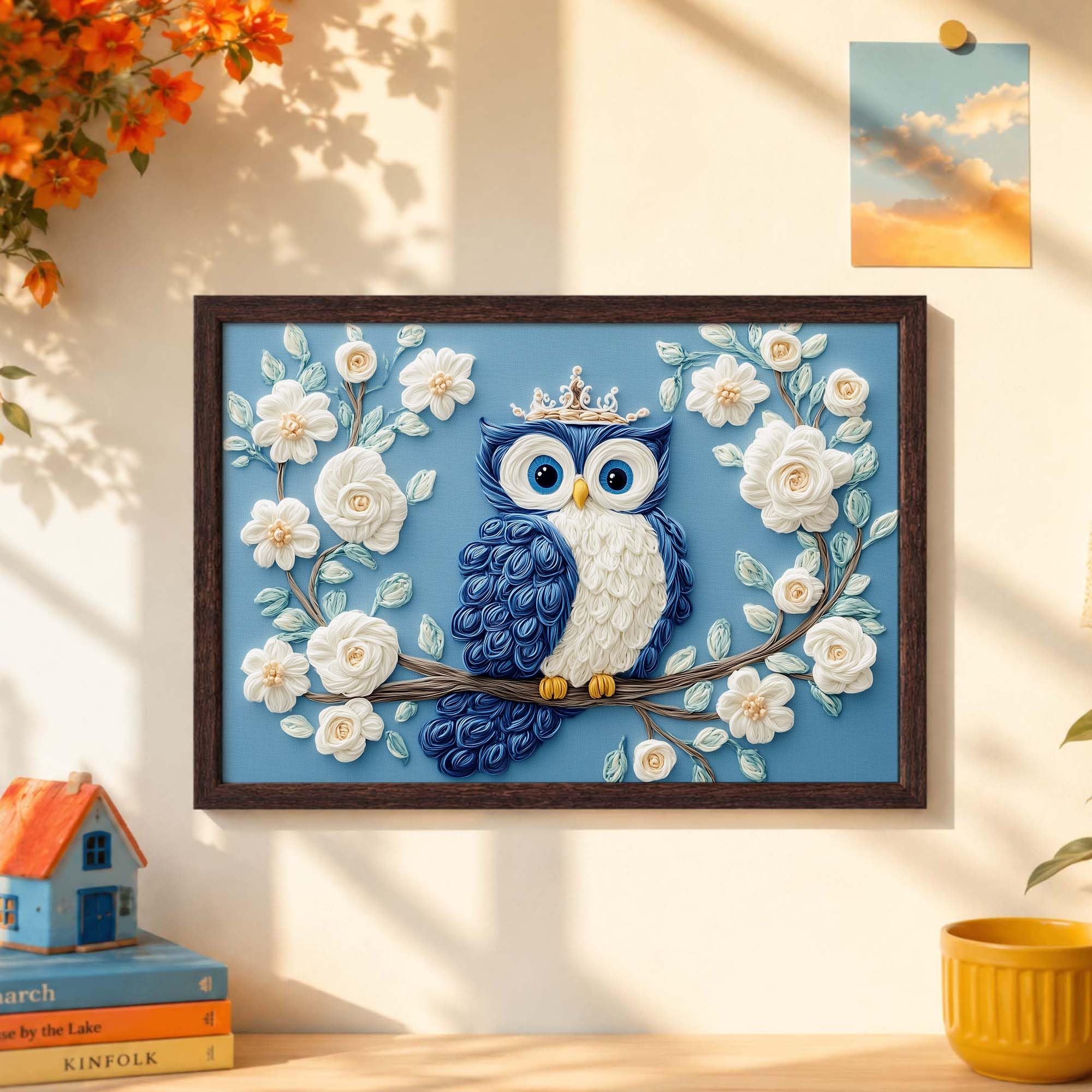 ROYAL BLOOM OWL - PAPER PAJAMA - Cute Blue Owl Floral Framed Wall Art for Kids Room & Bedroom | Whimsical Nature Bird Illustration | Decorative Painting - 10x13 Inches 2