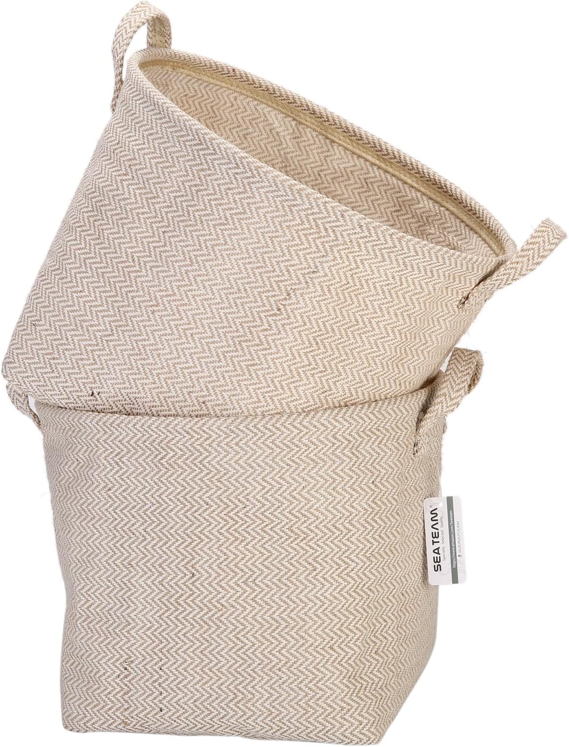 Sea Team Storage Baskets Organizer Box Bins in Jute and Cotton Linen Foldable with Handle Decorative for Home Toiletry Stationery Sundries Toys Jewerly Color Beige 26 * 26 * 26CM 2PCS