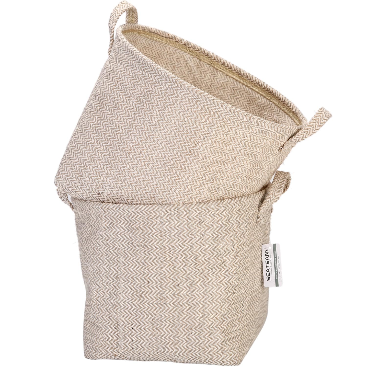 Sea Team Storage Baskets Organizer Box Bins in Jute and Cotton Linen Foldable with Handle Decorative for Home Toiletry Stationery Sundries Toys Jewerly Color Beige 26 * 26 * 26CM 2PCS