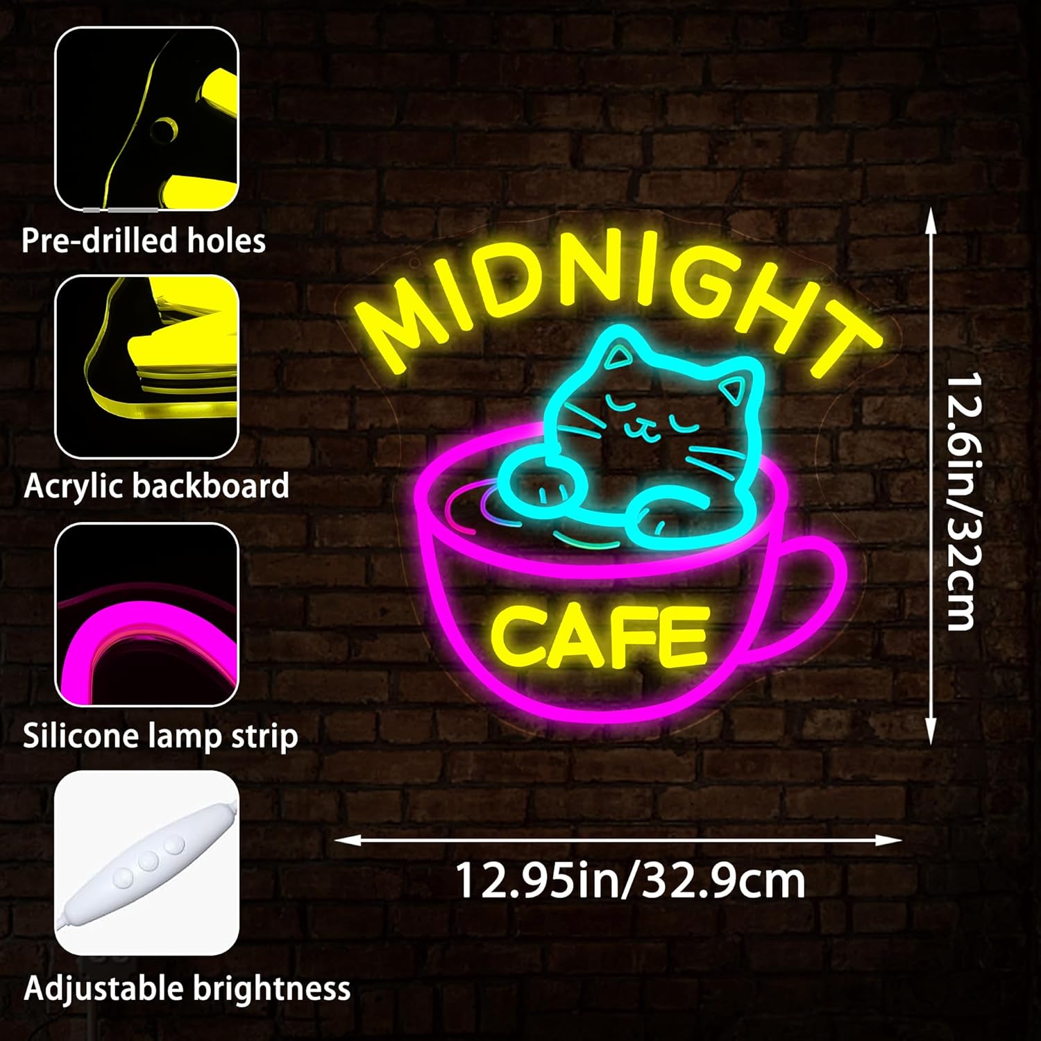 Midnight Coffee Cat Neon Sign for Wall Decor Dimmable Cafe LED Light Sign for Business Coffee Bar Decor Cute Cat Cafe Signs for Shop Bar Kitchen Home USB Powered Light Up Sign Size 13 * 12.6in(P088)
