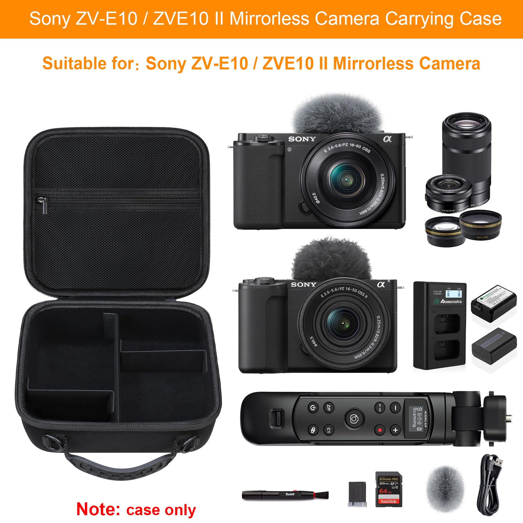 Elonbo Custodia da trasporto per fotocamera mirrorless Sony ZV-E10 / ZVE10 II, borsa rigida da viaggio per fotocamera digitale. Tasca in rete per obiettivi intercambiabili, lettore di schede, Nero