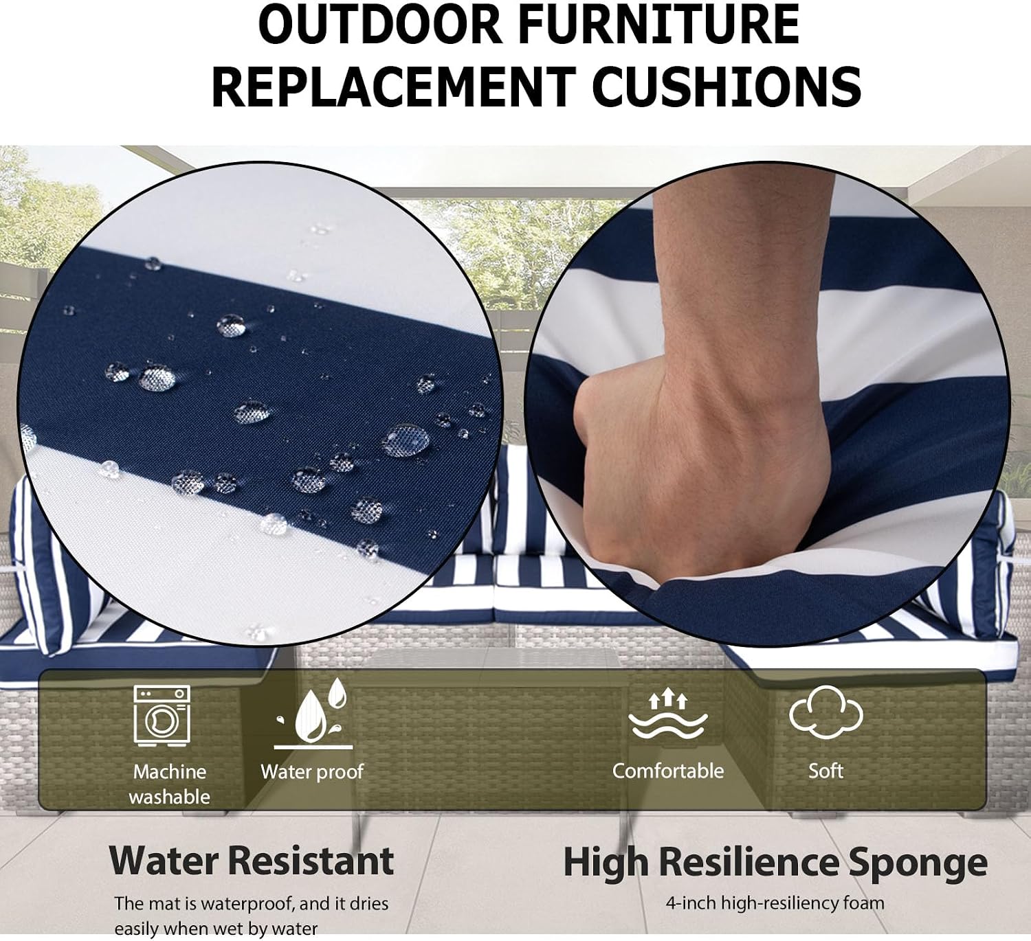 14-Piece Outdoor Sectional Cushions Water-Repellent Outdoor Replacement Cushions for 6-Seat Patio Furniture, Patio Sectional Sofa Cushion for Rattan Wicker Conversation Sets(14-Piece,Blue Stripe)