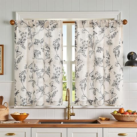 jinchan Floral Kitchen Tier Curtains Butterfly 36 Inch 2 Panels Black | Linen blend fabric, rod pocket, light filtering, farmhouse vintage, cafe curtains for kitchen, bathroom, small window