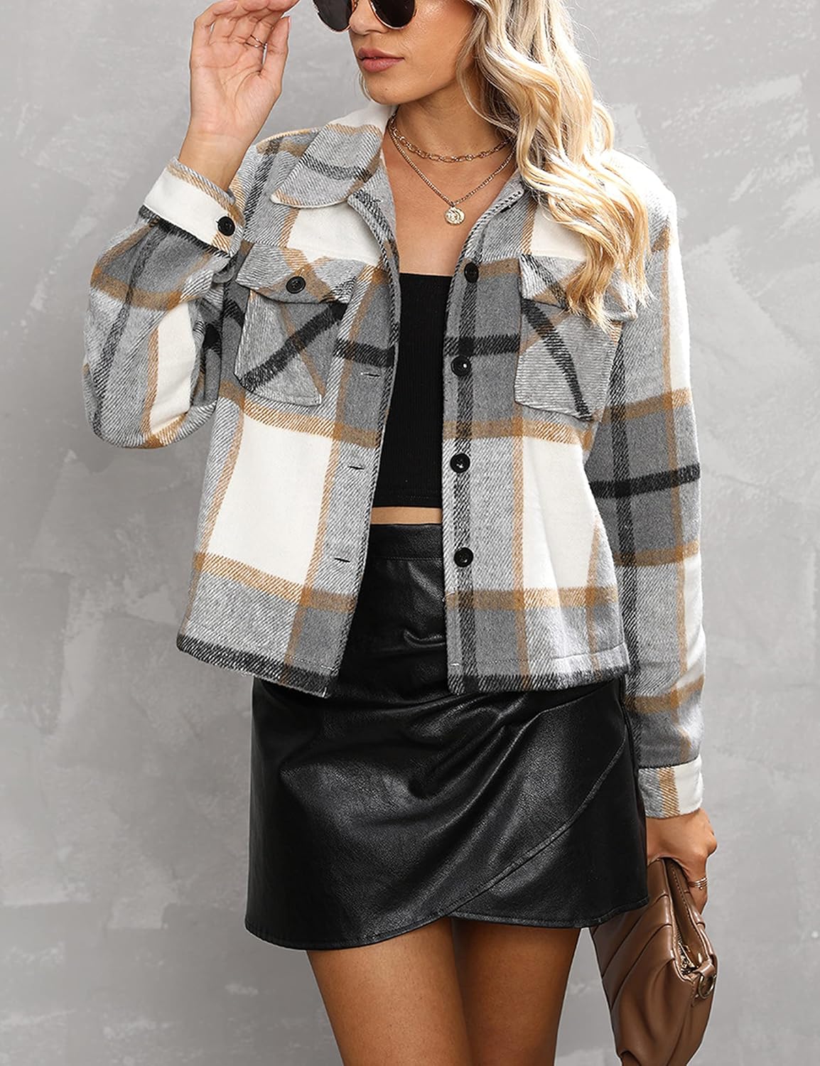 UANEO Womens Cropped Plaid Shacket Button Down Short Flannel Shirt Jacket with Pockets (LightGrey, S) - Image 3