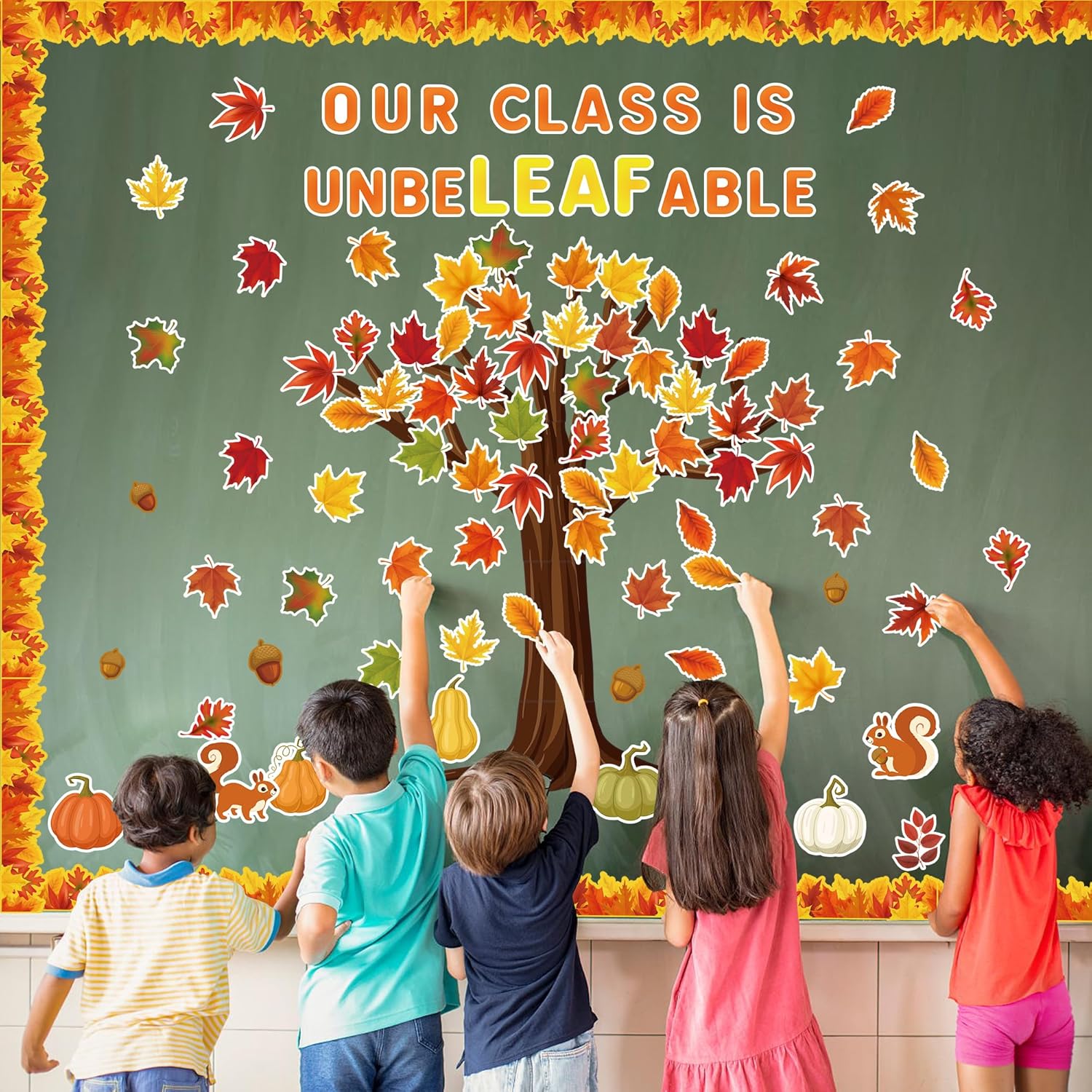 Haooryx Fall Autumn Unbeleafable Artificial Leaves Cutouts Bulletin Board Decoration Set 149Pcs Fall Leaves Pumpkin Paper Patterned Cut-Outs for Autumn Classroom Blackboard Whiteboard Wall Decor