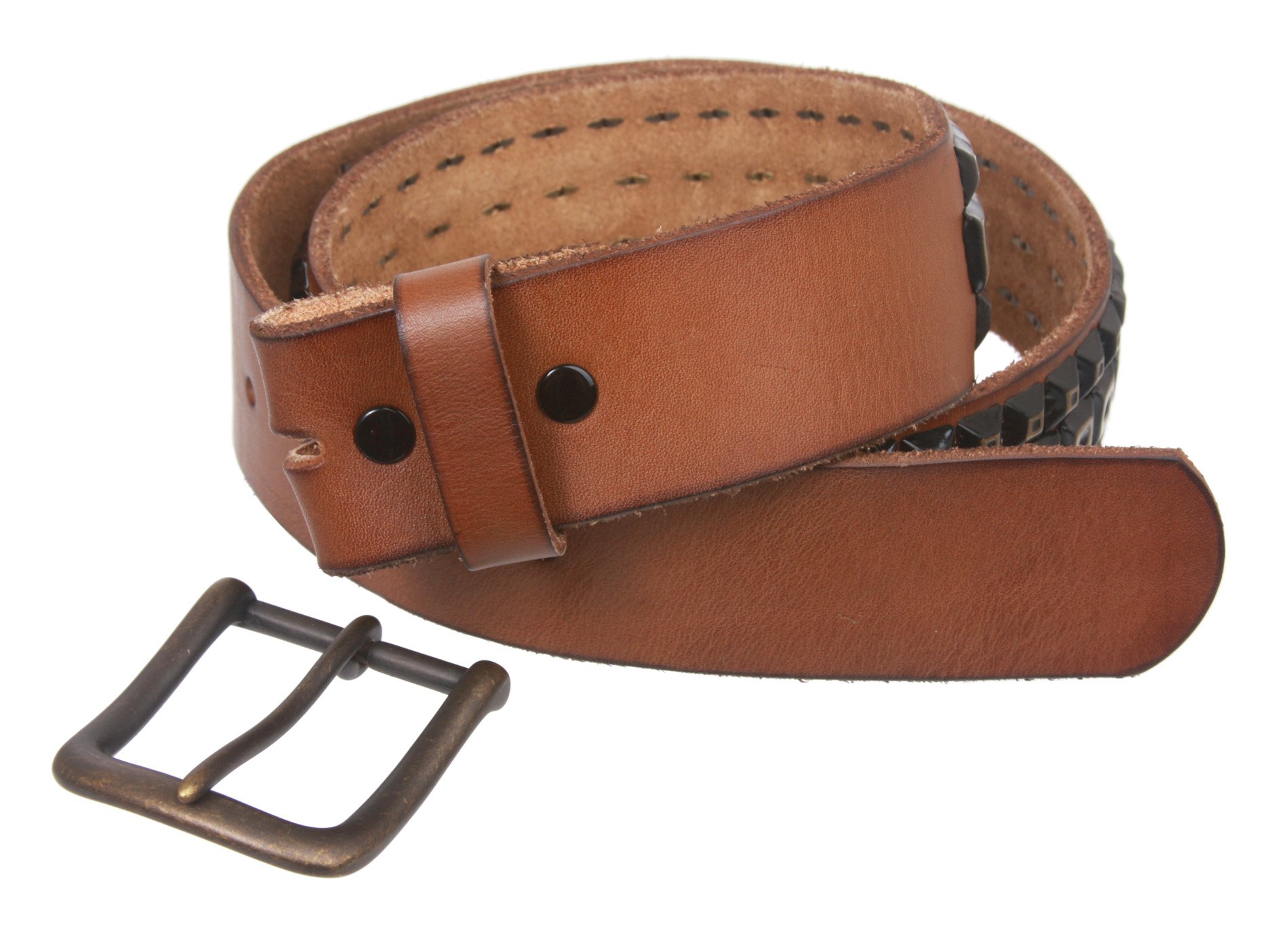 Snap On Three Row Punk Rock Star Metal Distressed Brass Studded Vintage Full Grain Leather Belt, Tan | 42