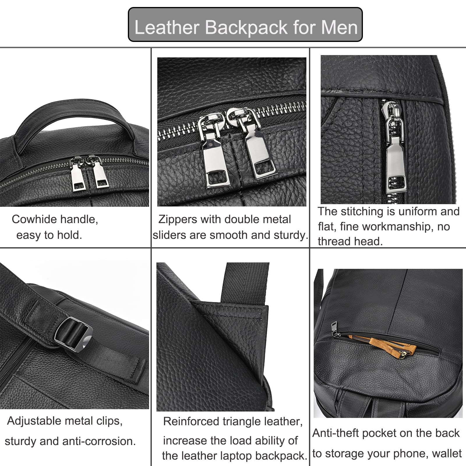 LUUFAN Zaino da uomo in vera pelle, casual, vintage, 14 pollici, zaino da viaggio e da esterno con custodia trolley, 8016-nero, Taglia unica per tutti, Rétro
