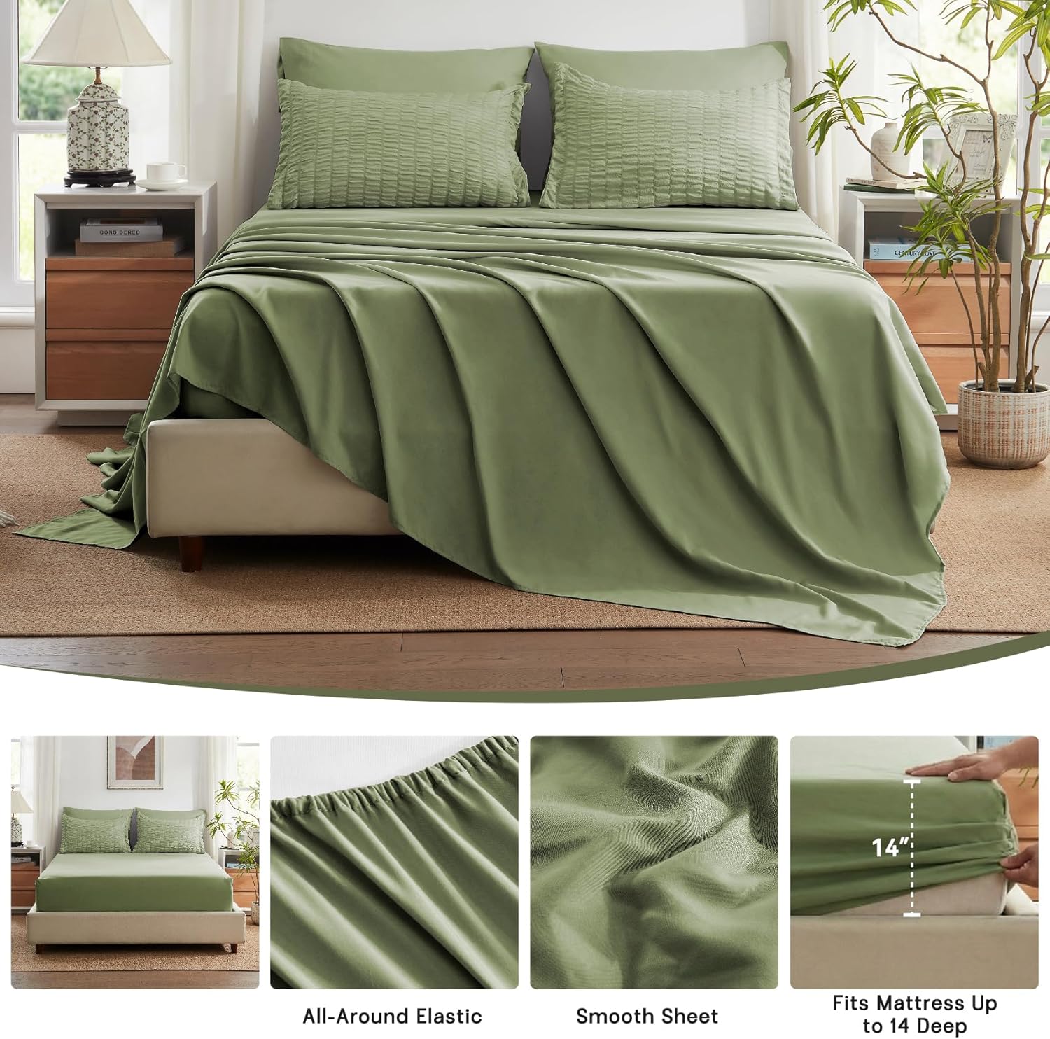 Zzlpp Queen Comforter Set 7 Pieces, Olive Green Seersucker Bed in a Bag with Comforter and Sheets, All Season Bedding Sets with 1 Comforter, 2 Pillow Shams, 2 Pillowcases, 1 Flat Sheet - Image 6