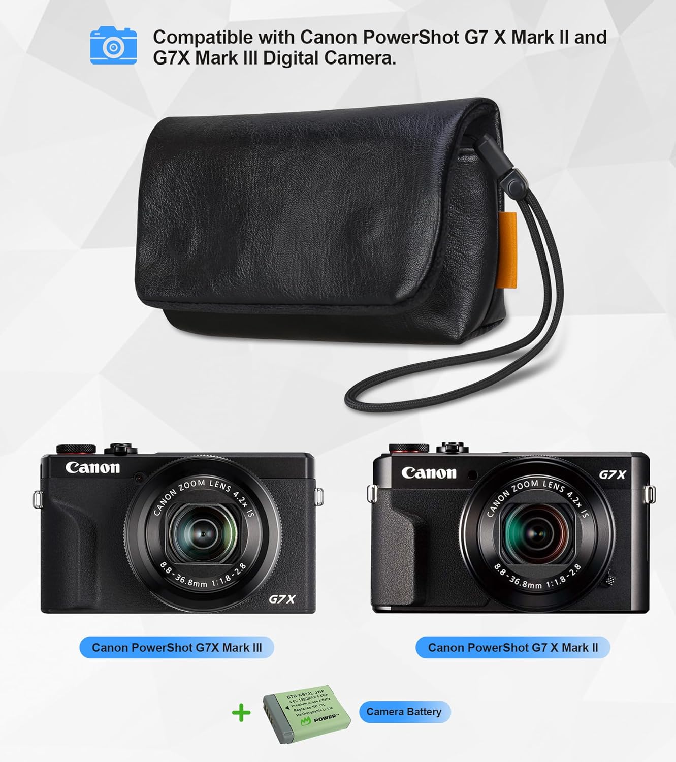 Lacdo Camera Case Bag for Canon PowerShot G7 X Mark III / G7X Mark II Digital Camera, Soft Leather Protective Camera Travel Pouch Sleeve, Compact Canon G7 X Mark III Case Bag with Wrist Strap, Black - Image 3