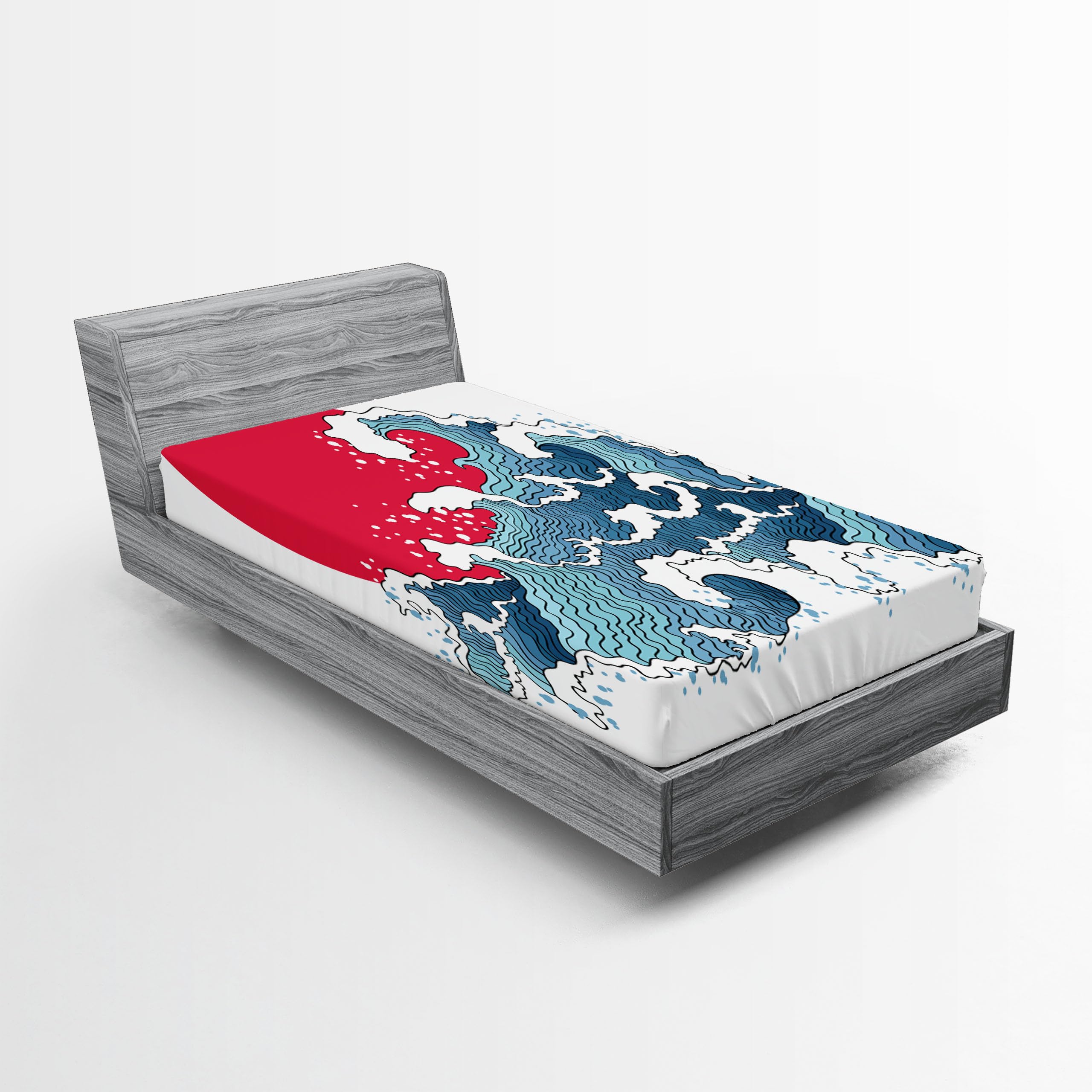 Ambesonne Japanese 2 Pack Fitted Sheet, Wave Illustration, Bed Cover All-Round Elastic Deep Pockets 2 Pieces, Package Contains 2 Twin Size Fitted Sheets, Coral White