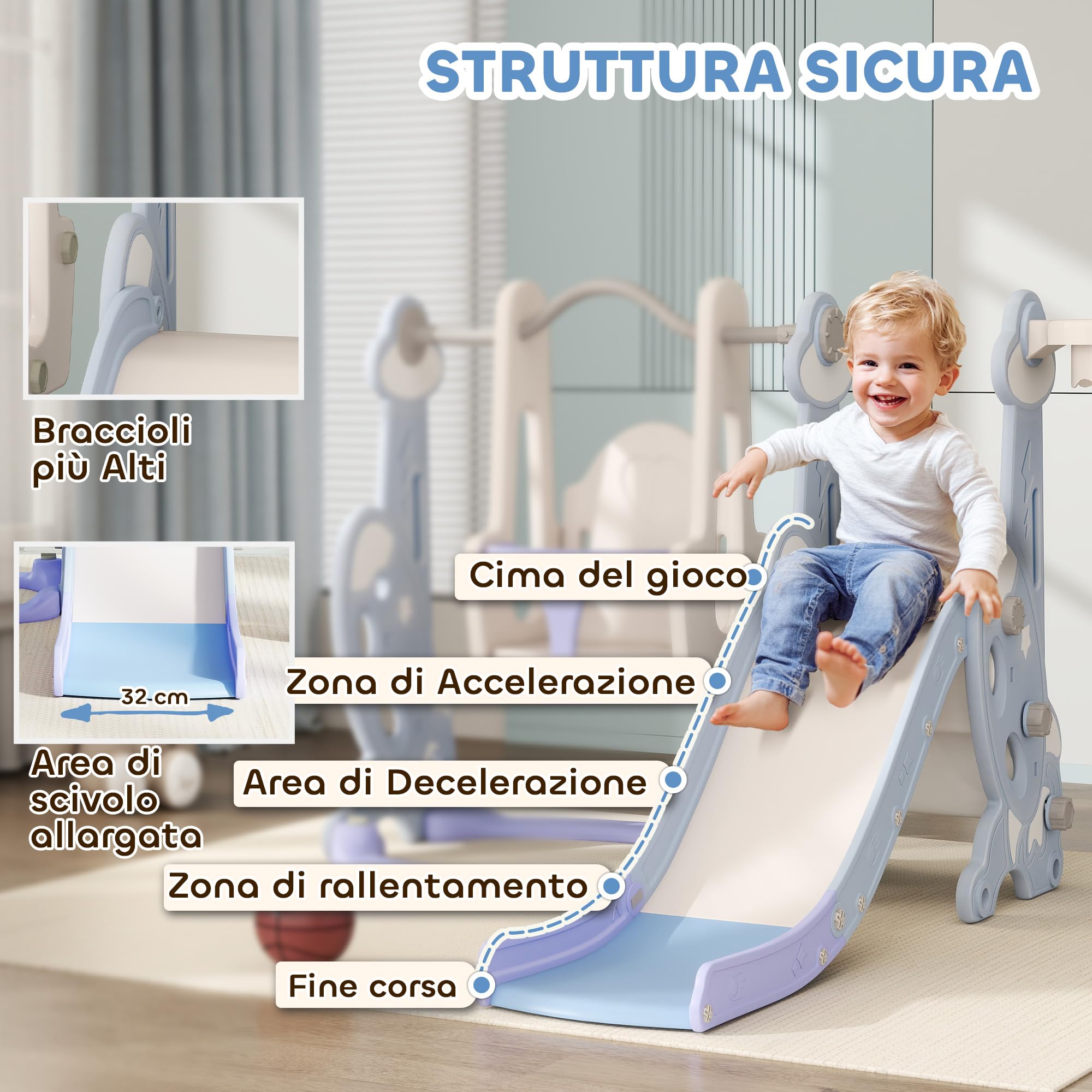 AIYAPLAY Scivolo per Bambini 4 in 1, Scivolo da Giardino Autoportante con Altalena, Scaletta da Arrampicata e Cestino da Basket, Set Parco Giochi per Interni ed Esterni, Cameretta, 18-48 Mesi, Azzurro