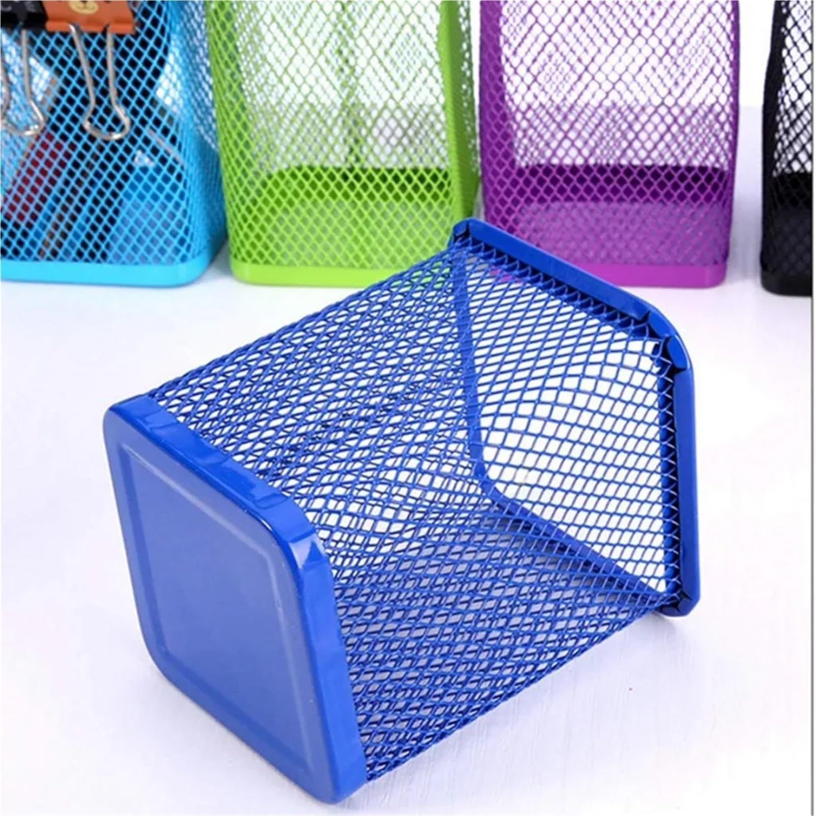 Pencil Holder Portalápices de malla metálica, organizador vasos for lápices, color rosa, for escritorio, oficina y escuela, 2 unidades, azul