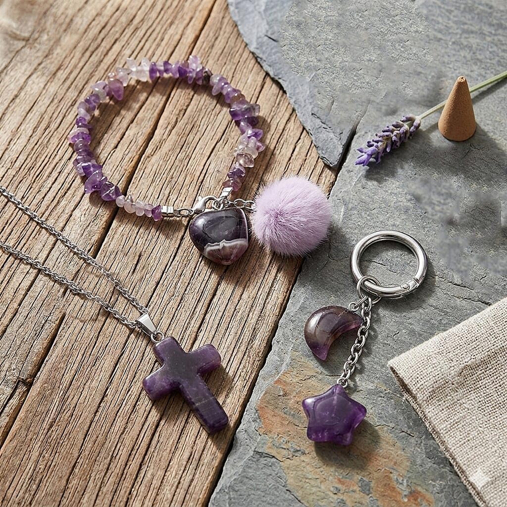 SHOP LC DELIVERING JOY Green Aventurine Gemstone Gift Set of 3 Keyring, Beaded Bracelet and Cross Necklace 18 Inches