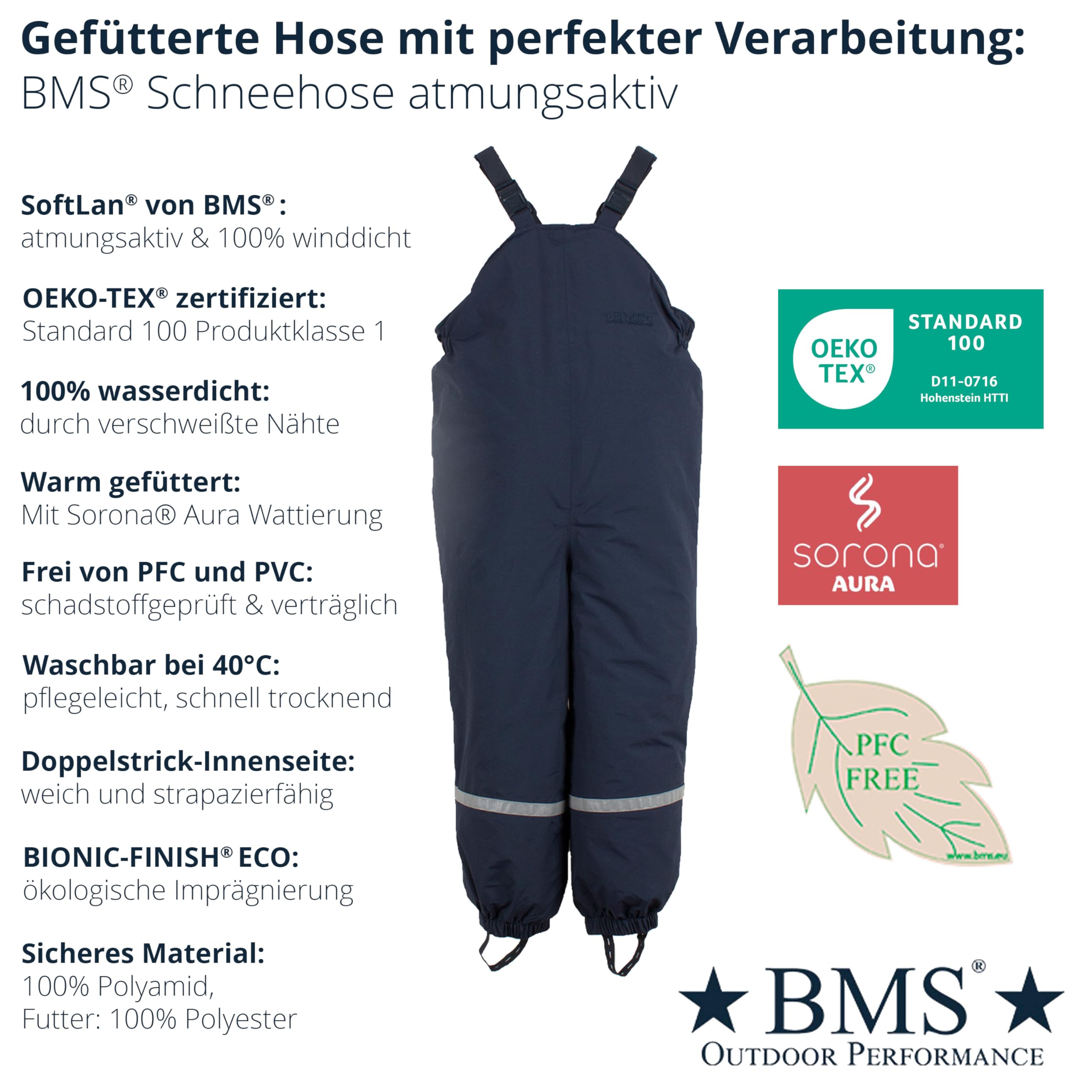 BMS® Schneehose gefüttert für Kinder, ideale Winter- und Ski-Hose, 100% wasserdicht, besonders atmungsaktiv Dank SoftLan, Wattierung, Oeko-Tex, strapazierfähig, langlebig für Mädchen, Jungen