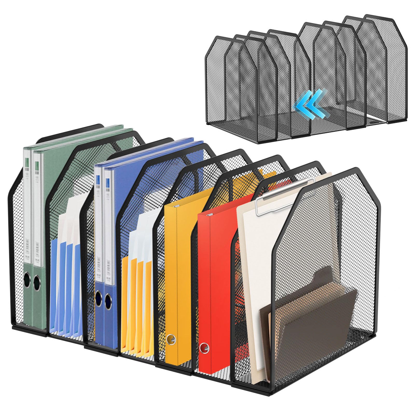 Organisateur de Bureau Vertical Porte-Revues en Maille Métallique 7 Compartiments Porte-Documents de Bureau Porte Dossiers Largeur Ajustable Aupport pour Magazines à Domicile et Lieu de Travail noir