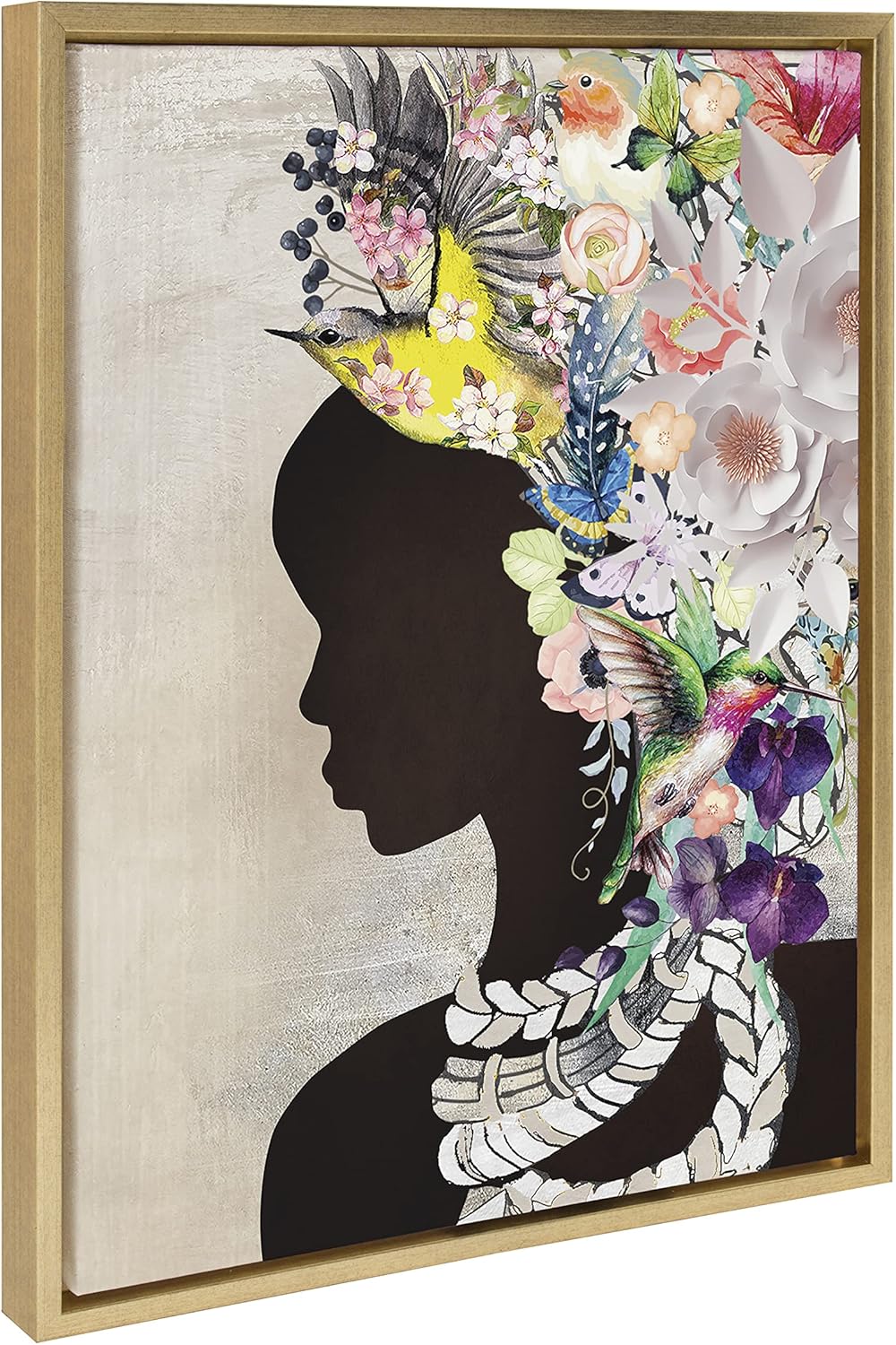 Kate and Laurel Sylvie Natural Woman Framed Canvas Wall Art by Nikki Chu; 18x24 Gold; Decorative Feminine Floral Art for Wall