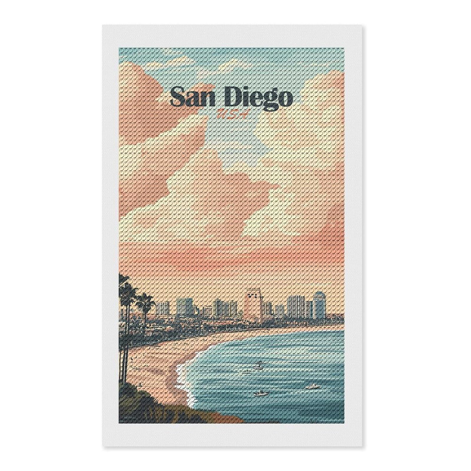 Junmoney San Diego Skyline Sunset Round Drill Diamond Painting 12"x20", Satisfying Creative Project, Complete Accessories, Printed Canvas