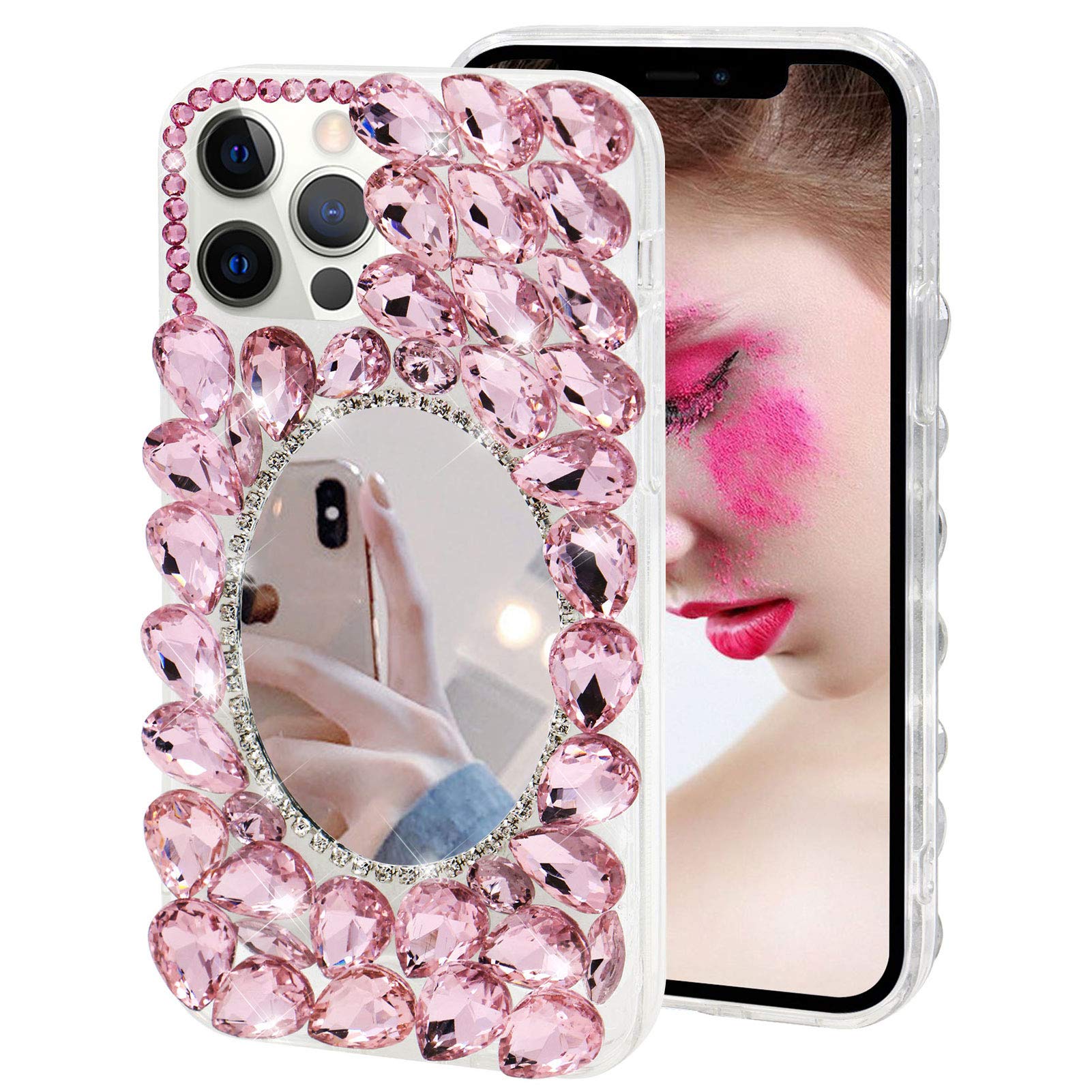 MVKZFE Bling Glitter Case for Samsung Galaxy S24 5G,Crystal Rhinestone Mirror Makeup Women Case,Hard PC Back with Soft TPU Edge Protective Case with Screen Protector,Pink