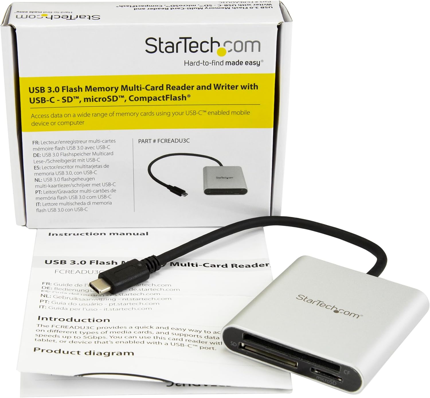 StarTech.com USB 3.0 Flash Memory Multi-Card Reader/Writer with USB-C - SD microSD and CompactFlash Card Reader w/ Integrated USB-C Cable (FCREADU3C)