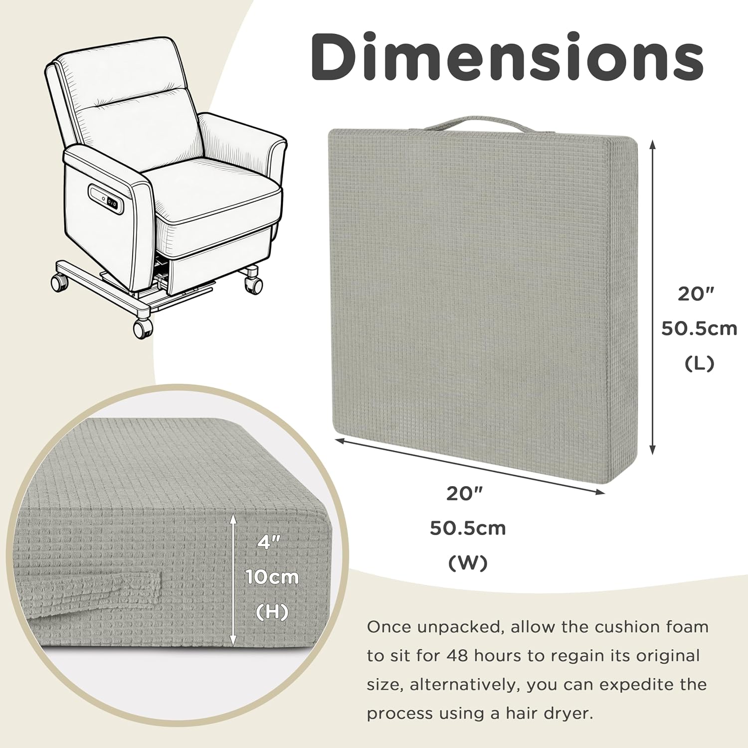 AddGrace High Density Recliner Cushion for Elderly 20x20in Grey