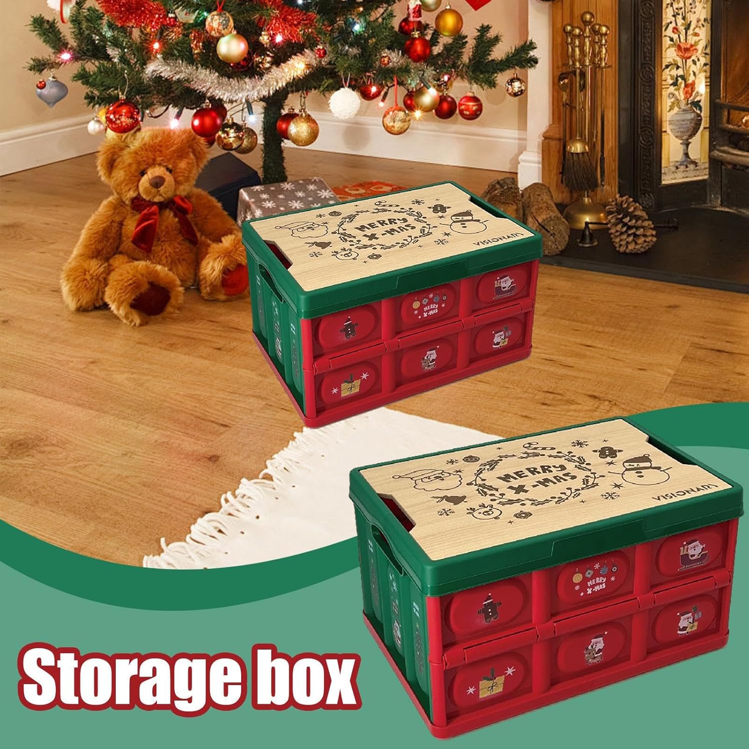 Holiday Ornament Storage Box – heavy duty container, foldable storage, festive organizer, multifunctional Christmas decor box with compartments | longtail for tree decorations, attic, closet, garage