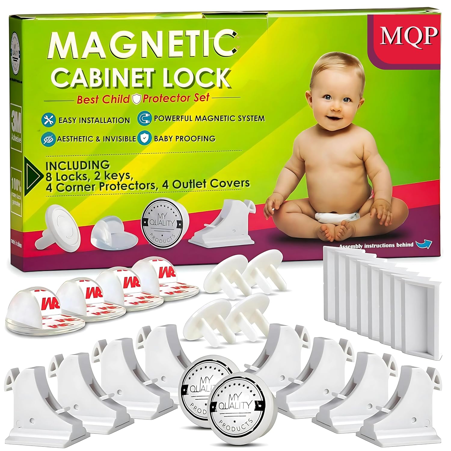 8 Pack Magnetic Cabinet Locks Baby Proofing Kit - MQP Child Proof Cabinet Locks, Baby Proof Drawer Locks, Child Locks for Cabinets and Drawers, Corners Protectors, Outlet Covers, Easy to Install.