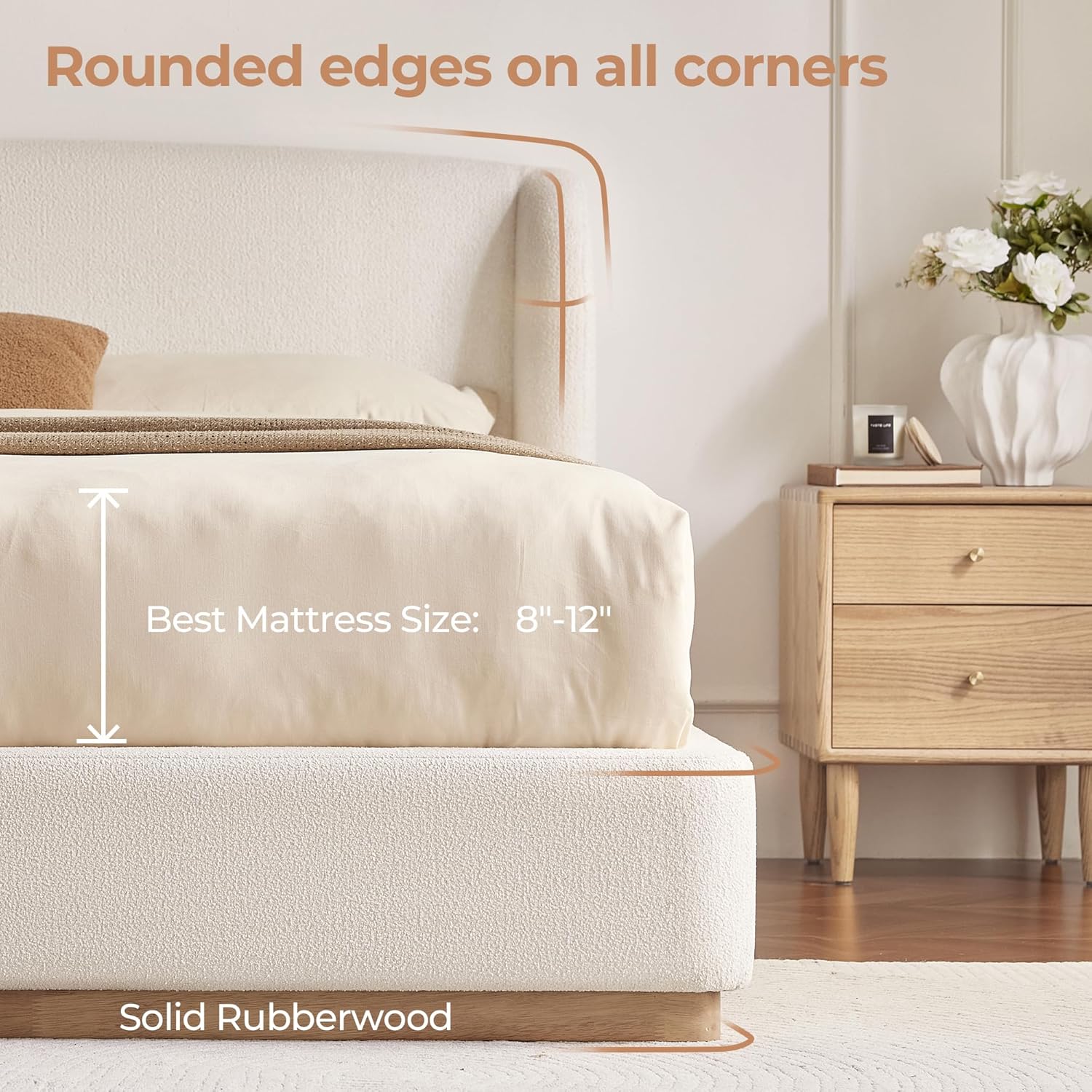 CHITA Queen Size Bed Frame, Upholstered Platform Bed with Wingback Headboard, Wooden Slats Support, Noise-Free, No Box Spring Needed, Cream