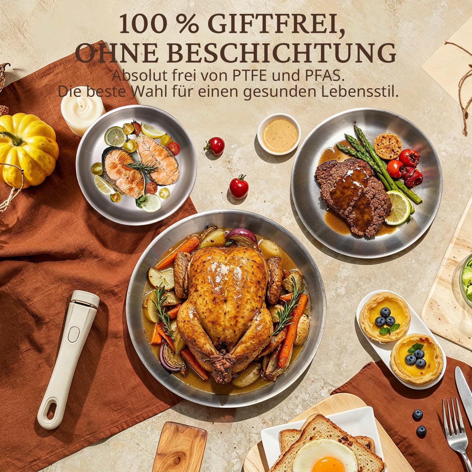 KOKHUB Pfannenset mit abnehmbarem Griff 7-Teilig, Edelstahl Pfanne | 20/26/30 cm, 3-Schicht-Material Bratpfannen Induktion unbeschichtet, Platzsparend, PFOA- & PFAS-frei, Backofenfest, Beige