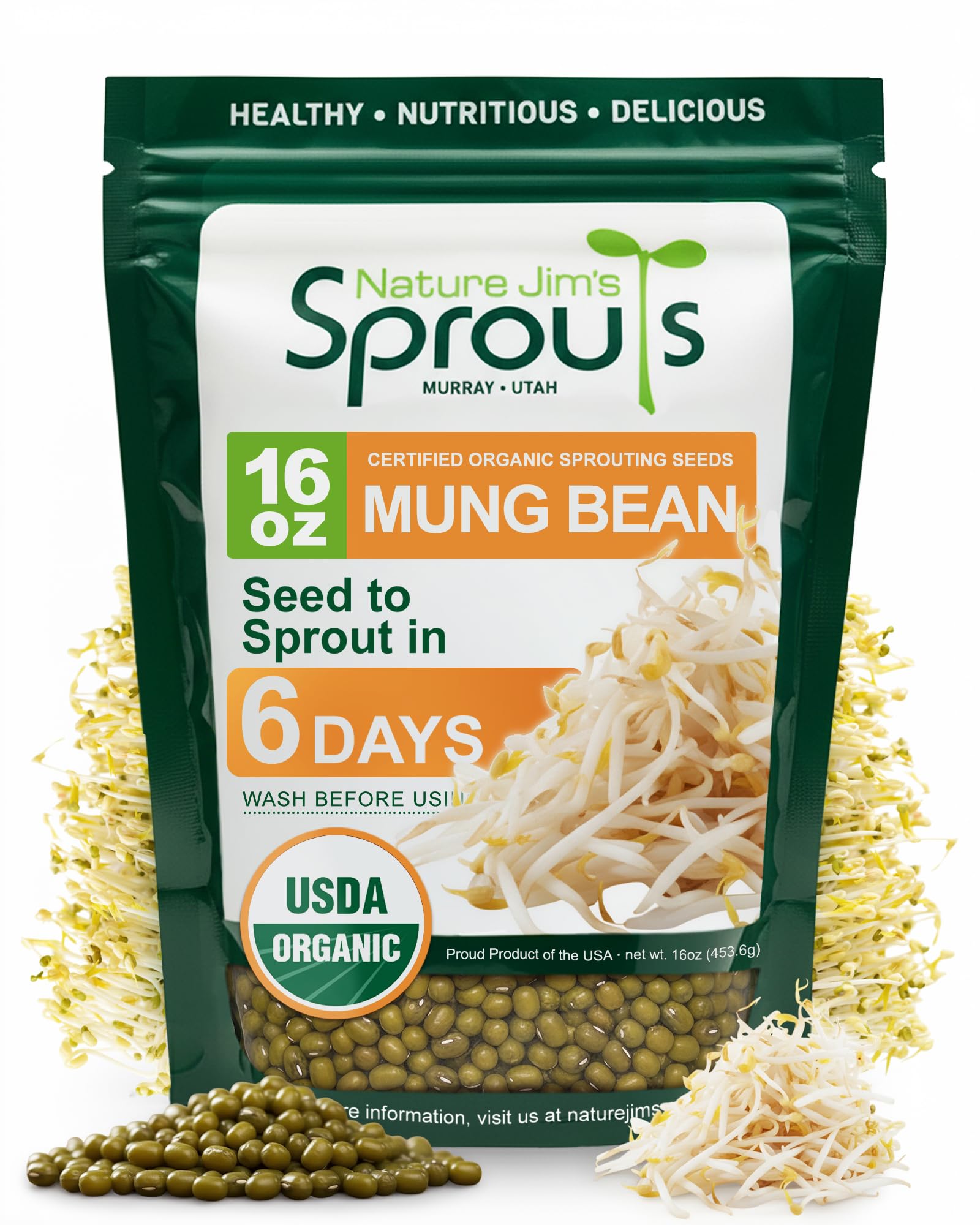 Nature Jims Sprouts Mung Bean Sprouting Seeds – Non-GMO Mung Beans for Growing Nutritious, Fresh Sprouts – Packed with Vitamins, Minerals & Fiber – Premium Resealable Bag for Longer Freshness – 16 Oz