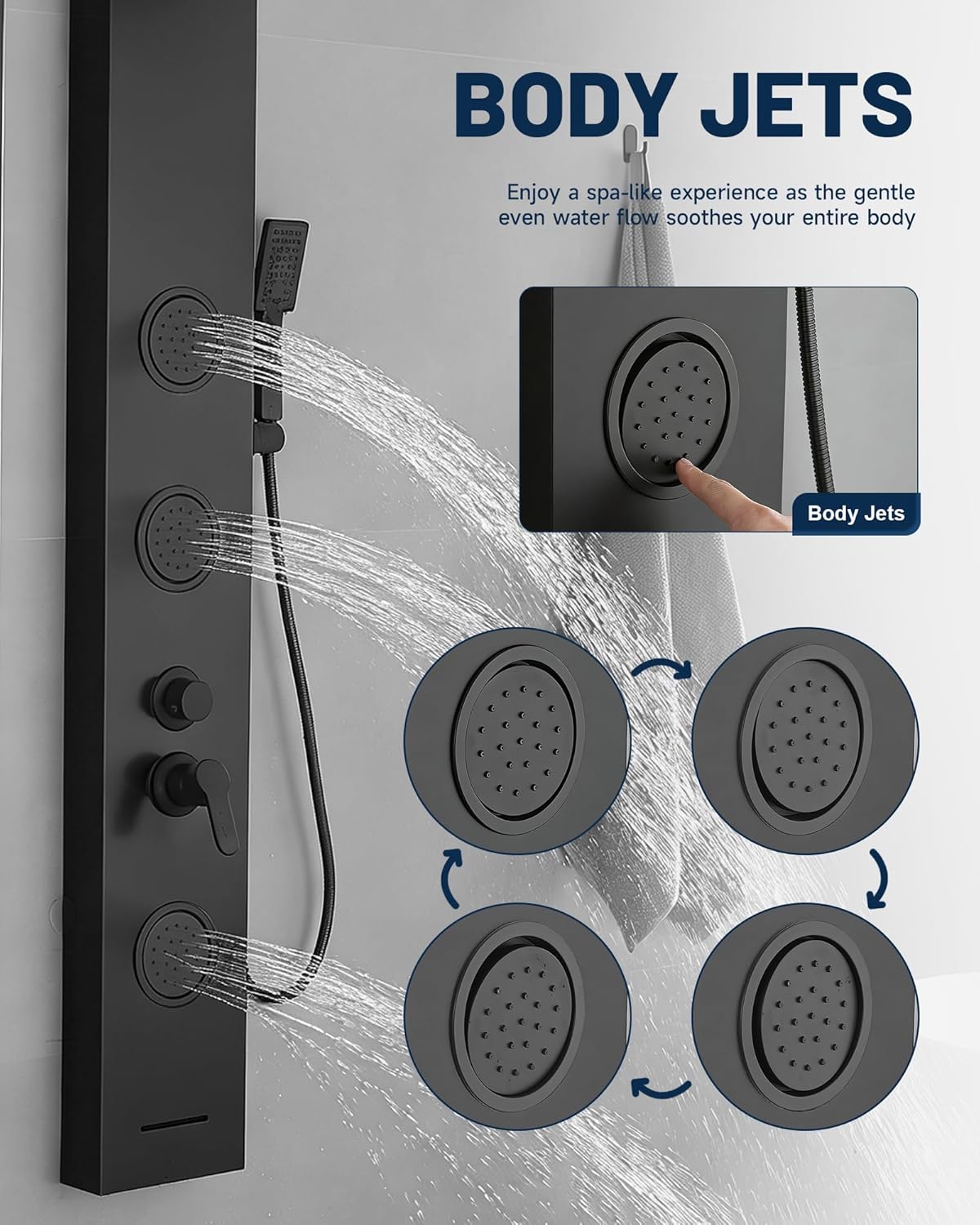 Homevacious Shower Panel Tower System Rainfall Waterfall Shower Head 3 Massage Body Jets Handheld Shower Head and Tub Spout Wall Mounted Multi-Function Bathroom Shower Panel Matte Black