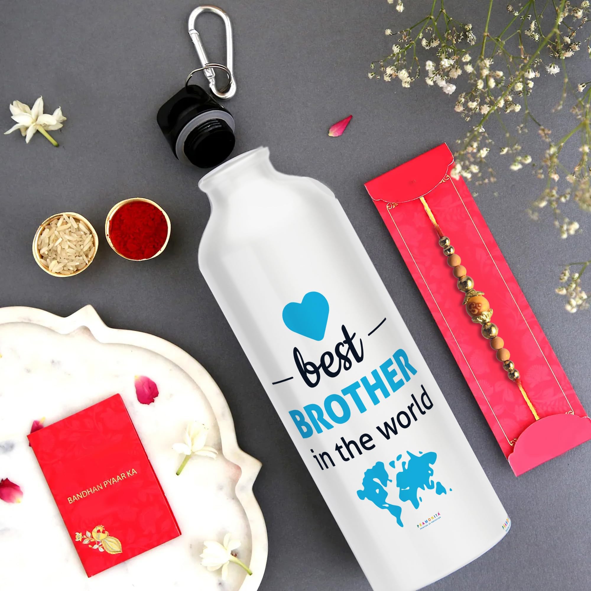 PRAMONITA Rakhi Special Combo of Sipper Bottle & Rakhi of Love with Roli & Chawal. A Creative Way to Celebrate Rakshabandhan. Print: Best Brother (SP-01-AA)