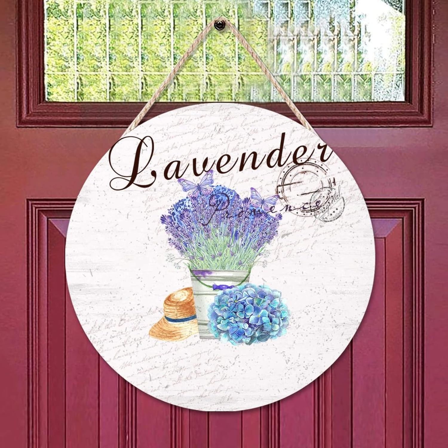 Custom Calligraphy Wall Door Hanging Sign, Lavender Wood Door Sign, Flower 16x16in Round Door Hanger Sign Decor for Outdoor Front Porch Front Door Housewarming Gifts